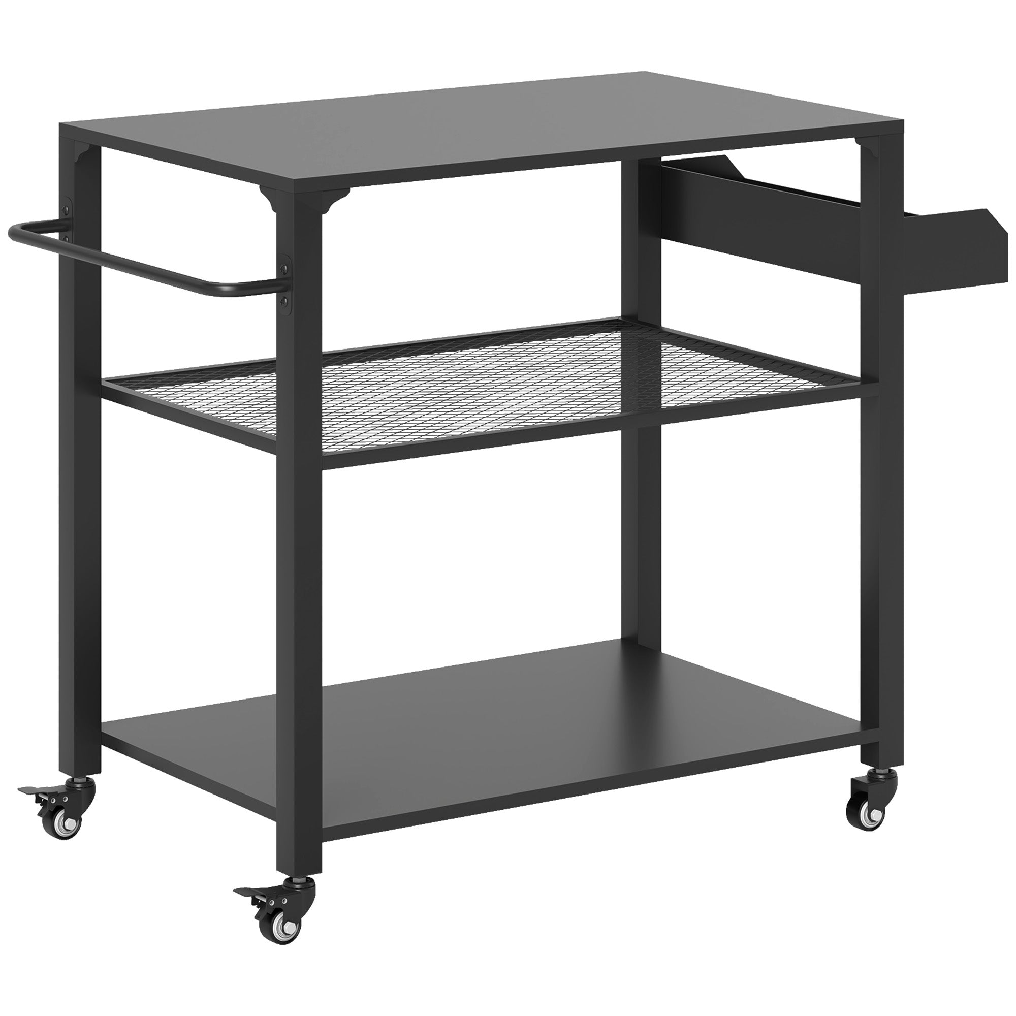 Outsunny 3-Tier Outdoor Grill Dining Cart with Storage Rack, Pizza Oven Stand with Side Handle, 4 Wheels for Backyard Party