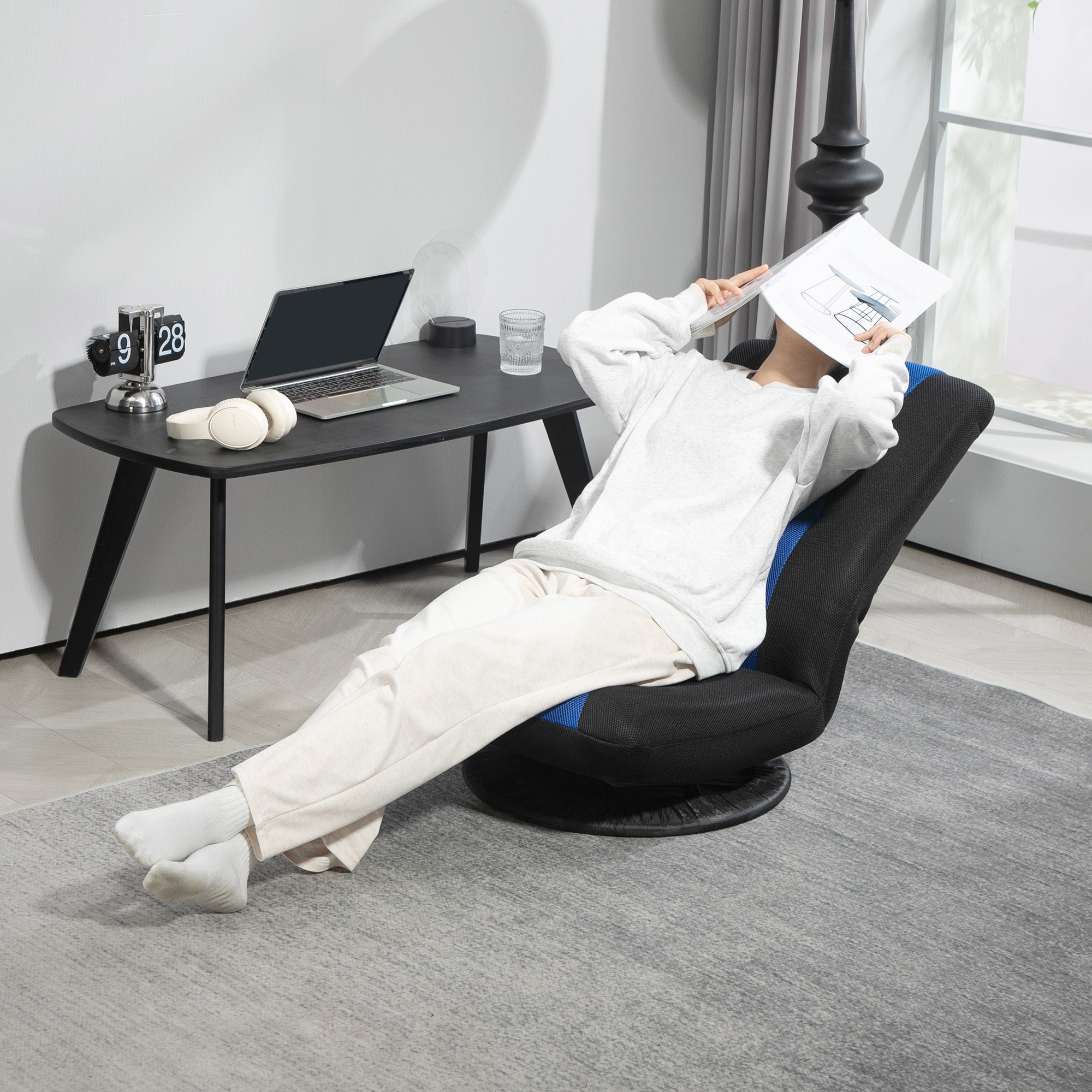 HOMCOM Folding Floor Chair for Adults Teens, 360 Degree Swivel Gaming Chair, 6 Positions Adjustable Lazy Sofa, Blue