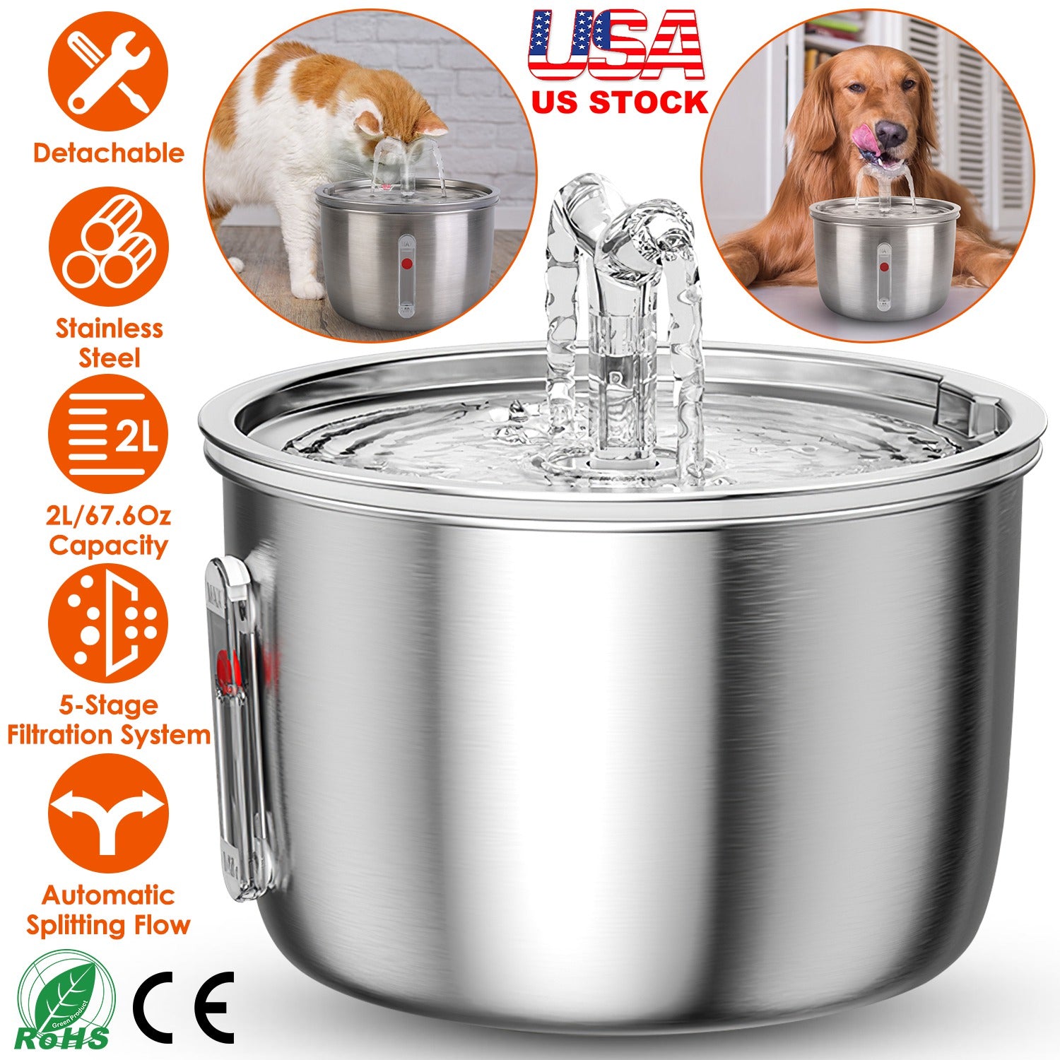 2L/67.6Oz Automatic Electric Pet Water Fountain Stainless Steel Pet Drinking Fountain Cat Dog Water Dispenser with Water Level Ultra-quiet Pump