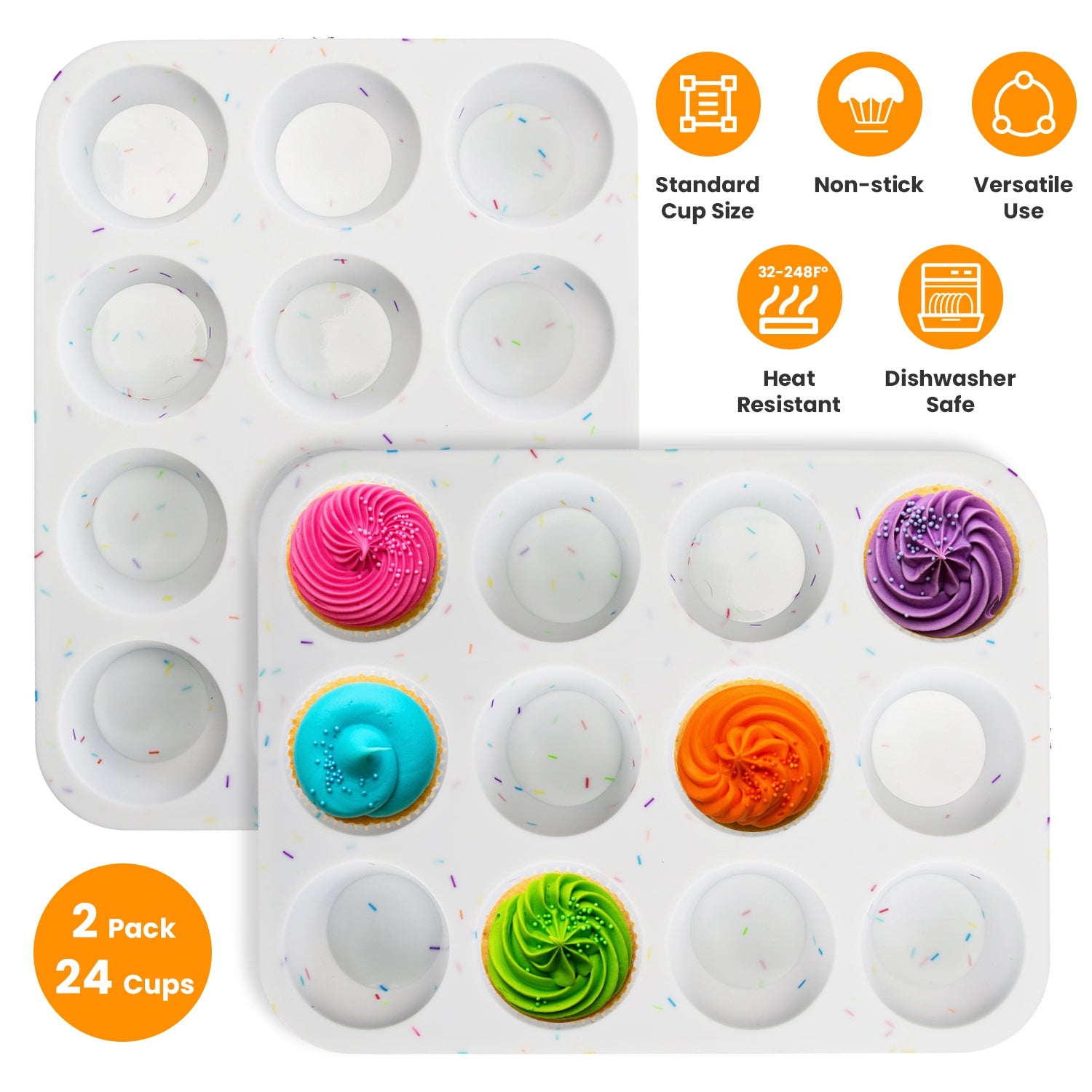 2 Pack 12 Cups Silicone Muffin Pans Nonstick Cupcake Tins Trays Regular Size Cupcake Molds Heat Resistant Oven Microwave Fridge Freezer Dishwasher Saf