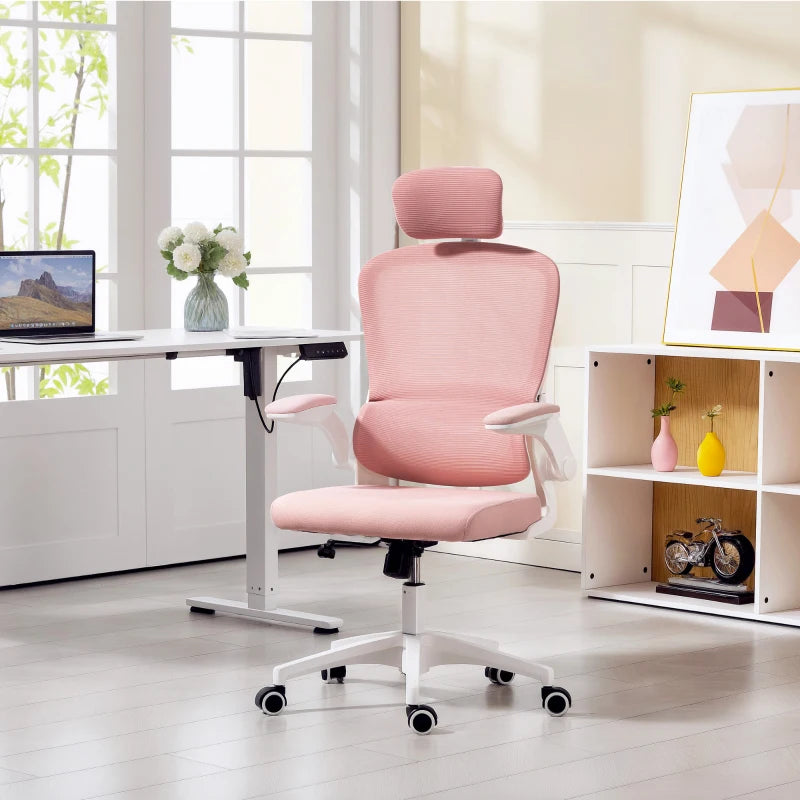 Ergonomic Mesh Office Chair, High Back Desk Chair with Rotatable Headrest, Flip-Up Armrests, Lumbar Support, Pink