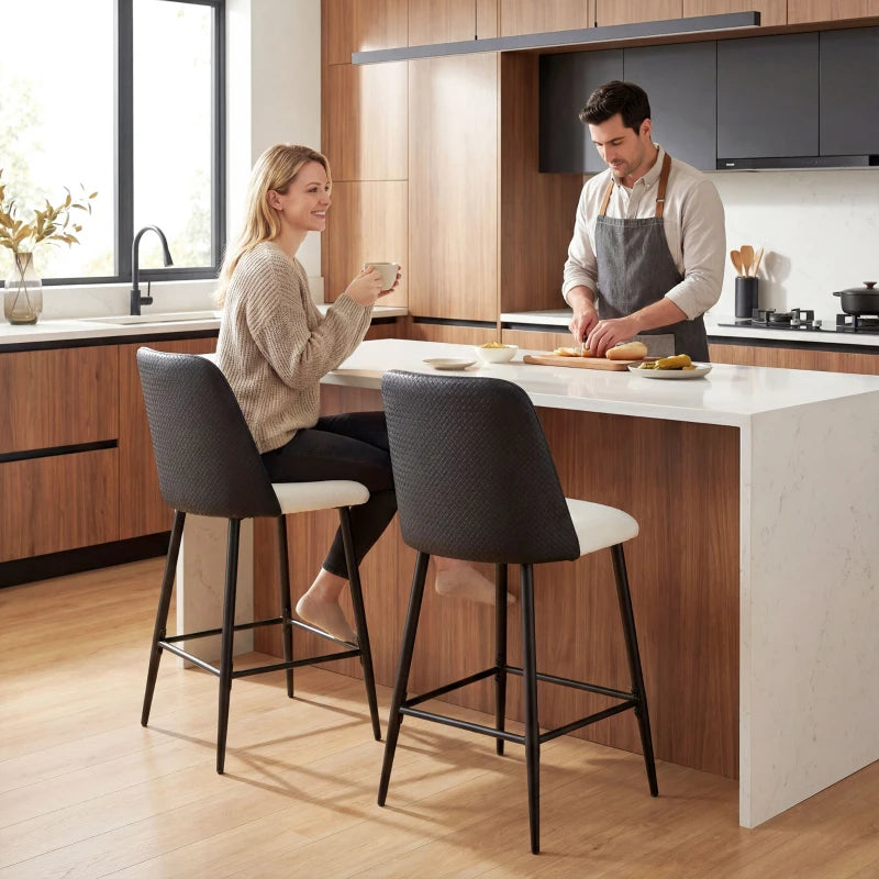 Bar Stools Set of 2, 26" Counter Height Bar Stools with PU Backrest, Linen-look Fabric Seat, Black