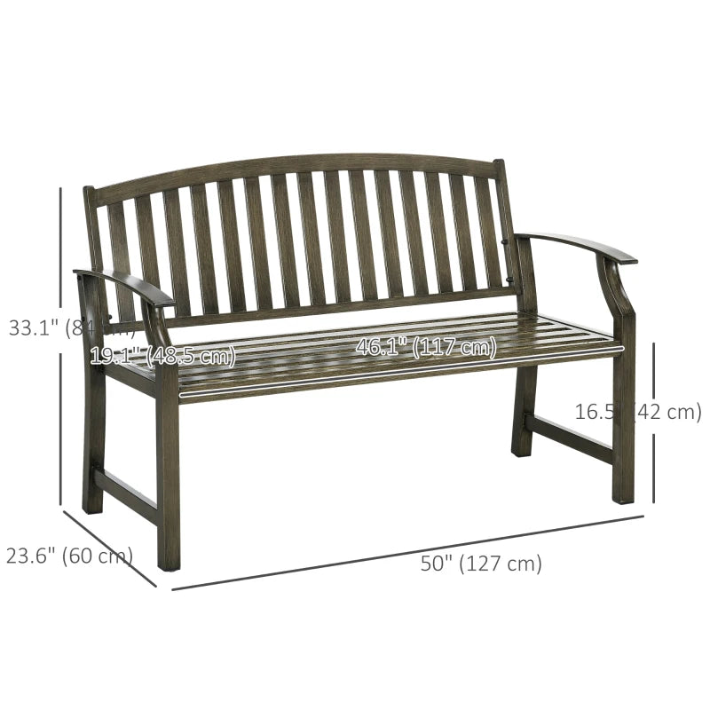 Outdoor Garden Bench, Metal Bench, Wood Look Slatted Frame Furniture for Patio, Park, Porch, Lawn, Yard, Deck, Black