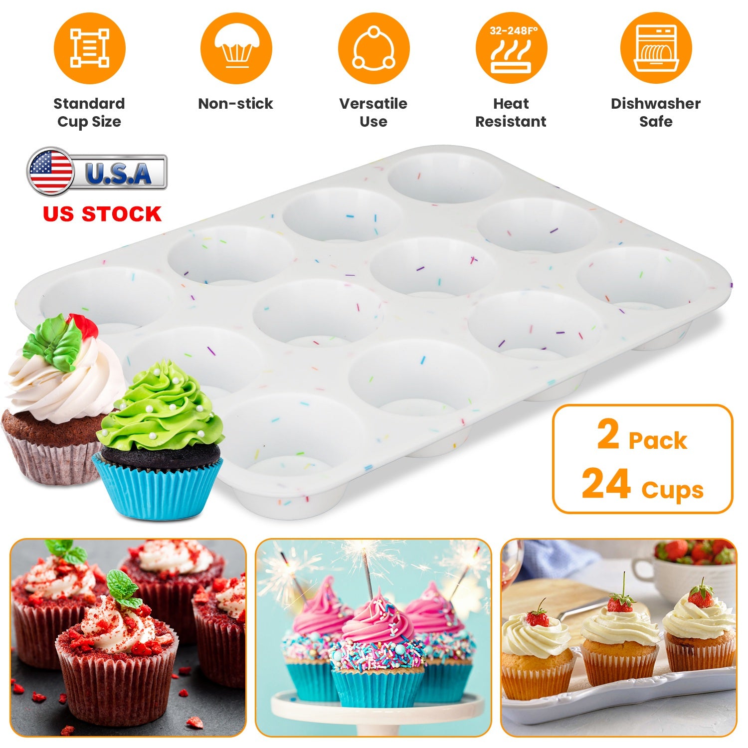 2 Pack 12 Cups Silicone Muffin Pans Nonstick Cupcake Tins Trays Regular Size Cupcake Molds Heat Resistant Oven Microwave Fridge Freezer Dishwasher Saf