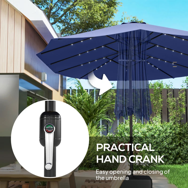 Double-sided Patio Umbrella with Base Included & 48 LED Lights 15ft Dark Blue
