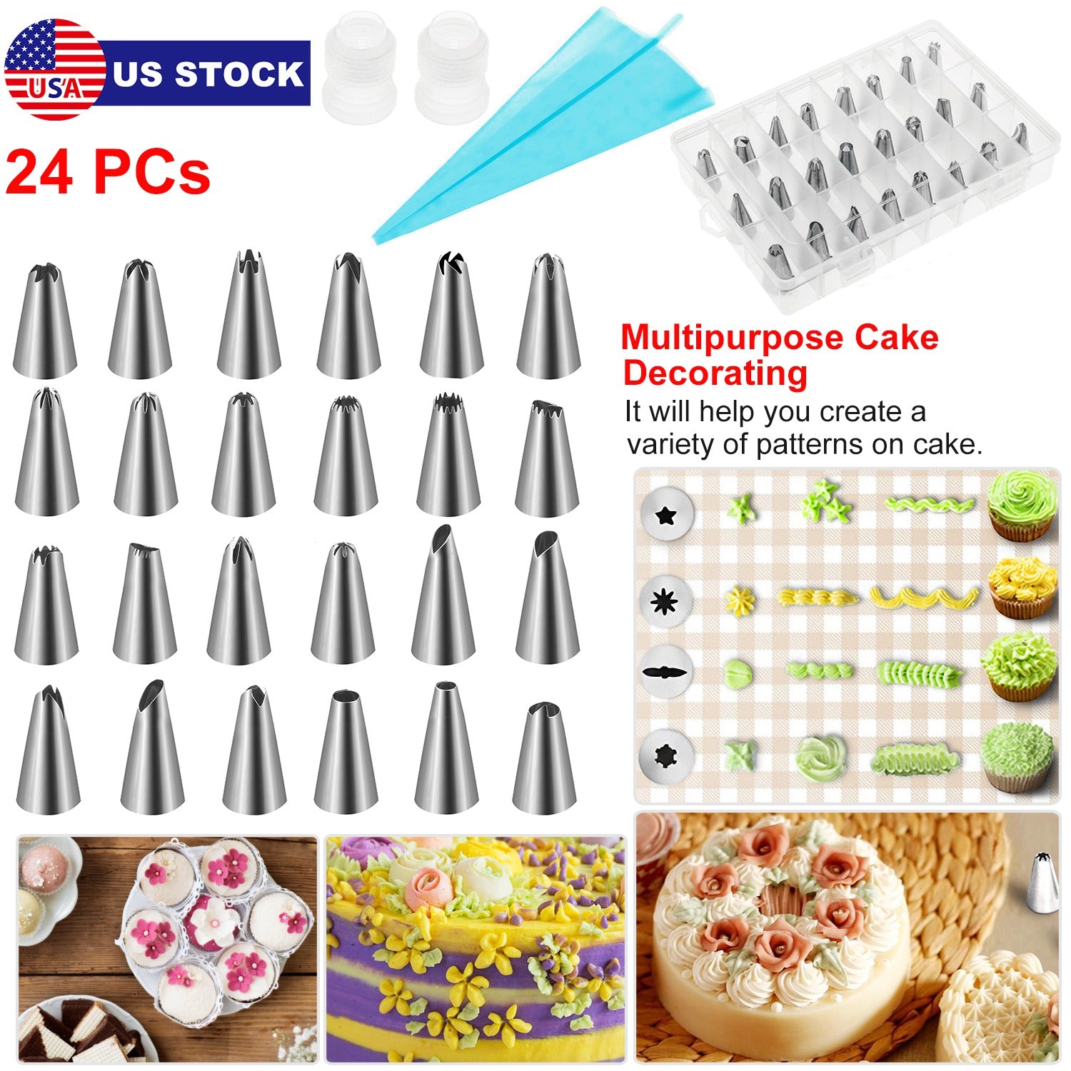 24Pcs Cake Decorating Supplies kit Stainless Steel DIY Baking Supplies Icing Tips with Pastry Bags & Disposable Coupler & Storage Case