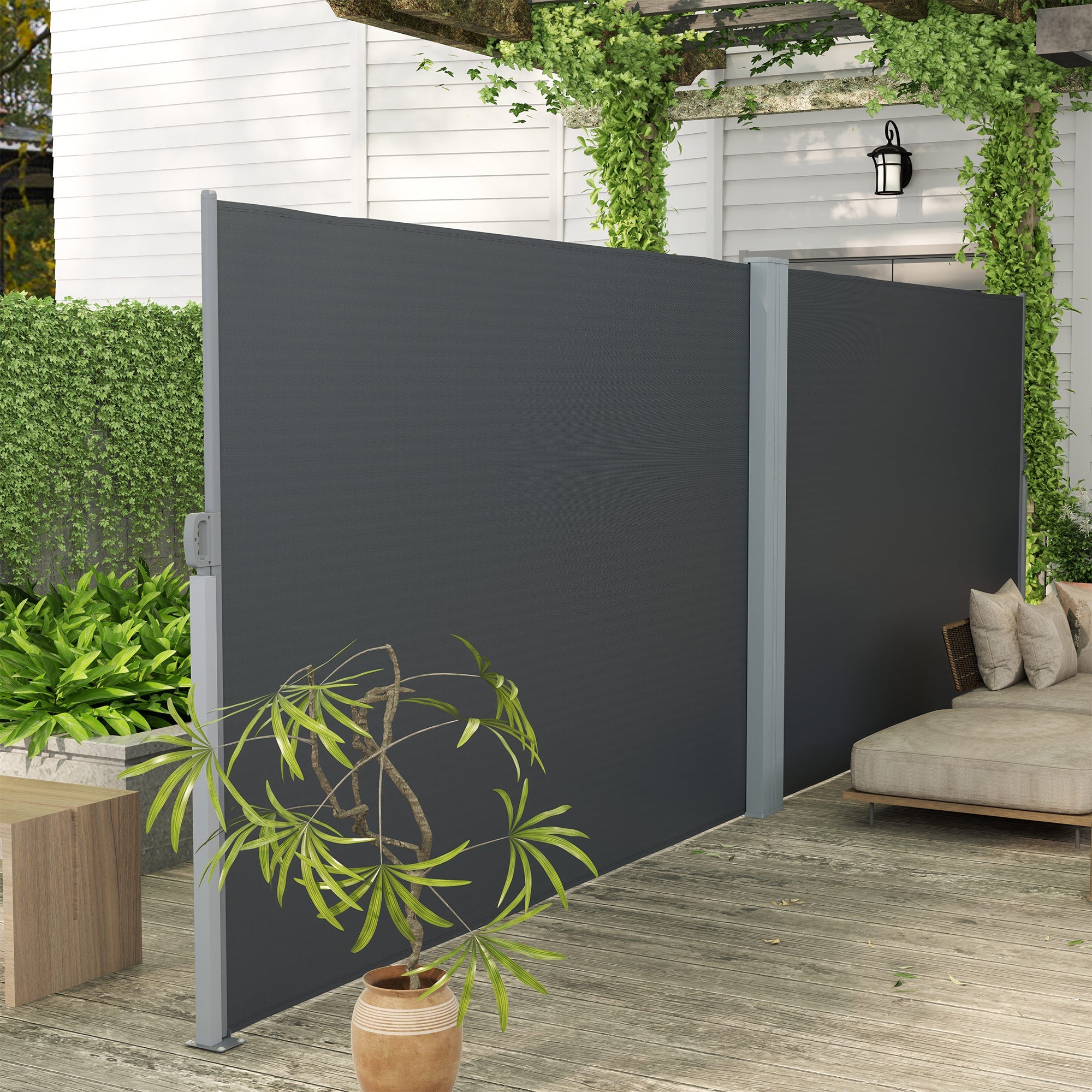 Outsunny Retractable Double Side Awning, 79"x236" Patio Privacy Screen, UV Resistant, Waterproof Wind Screen, Charcoal Grey