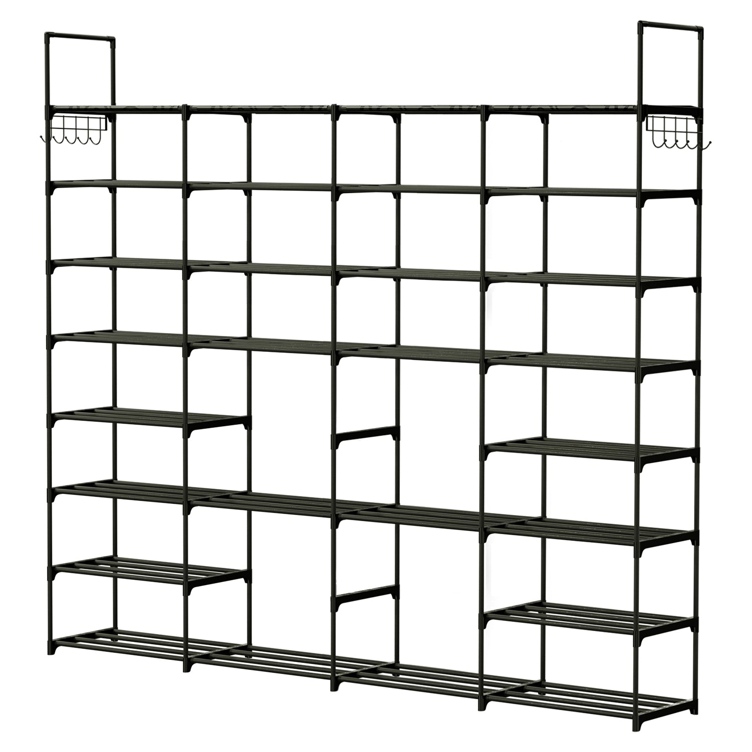 8-Tier 4-Row Shoe Rack Metal Shoe Storage Shelf Free Standing Large Shoe Stand 56 Pairs Shoe Tower Unit Tall Shoe Organizer with 2 Hooks for Entryway