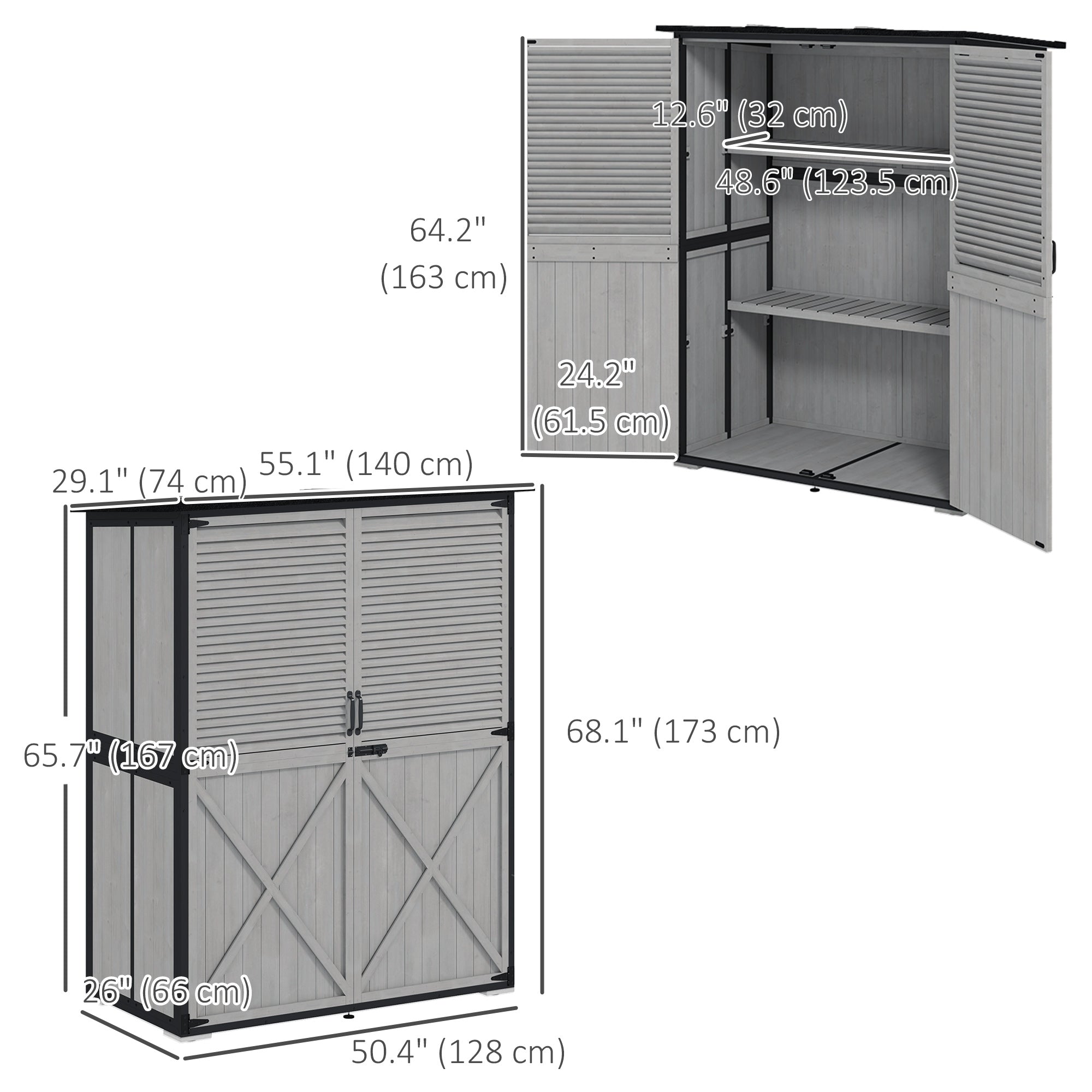 Outsunny Outdoor Storage Cabinet, Wood Garden Shed with Steel Frame, Asphalt Roof, 2 Shelves and Lockable Doors, Grey