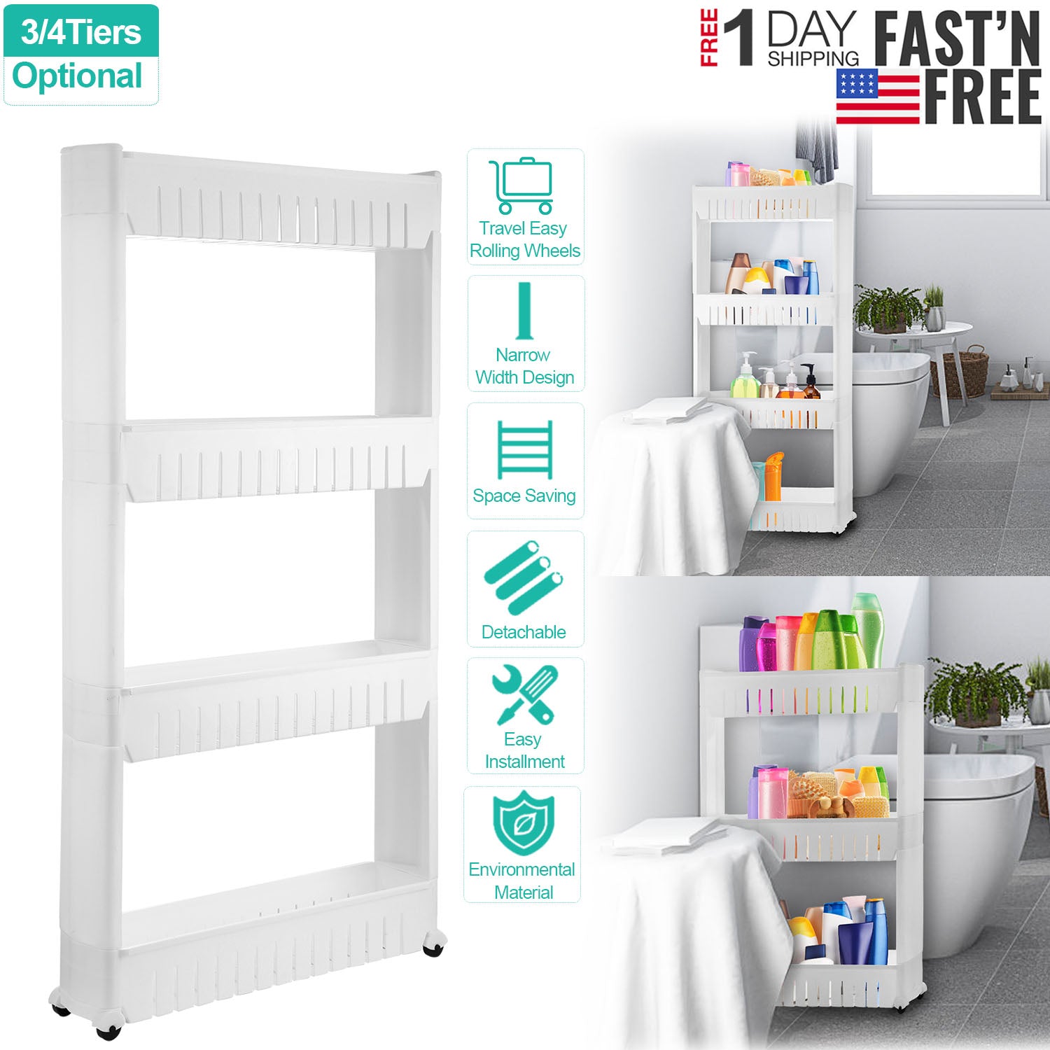 iMounTEK 4 Tiers Slim Storage Cart Mobile Rolling Shelf Unit Narrow Space Shelf for Kitchen Bathroom Pantry Laundry Garage Office