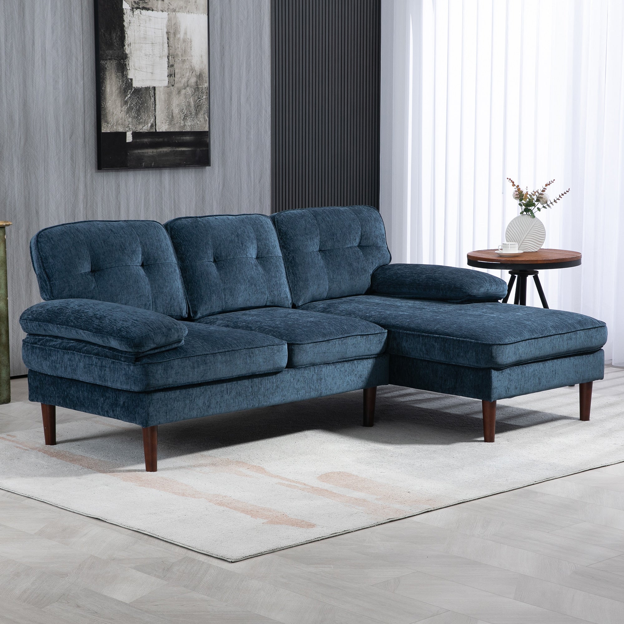 HOMCOM Modern Corner Couch with Right Chaise Lounge, Tufted 3-Seater Sofa with Wooden Legs for Living Room, Bedroom, Navy Blue
