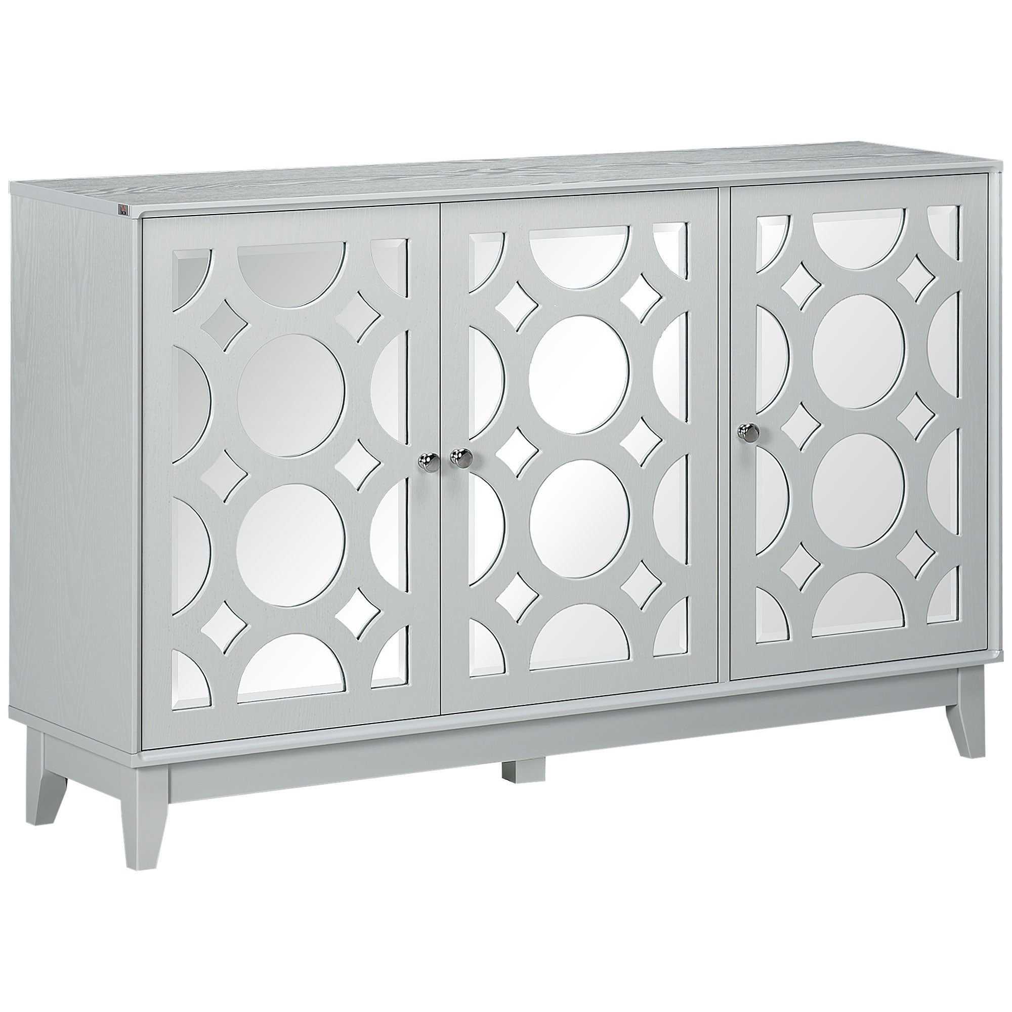HOMCOM Grey Mirrored Door Buffet Table: Sideboard Kitchen Bar Cabinet with 3 Doors, 2 Cabinets and Adjustable Shelf