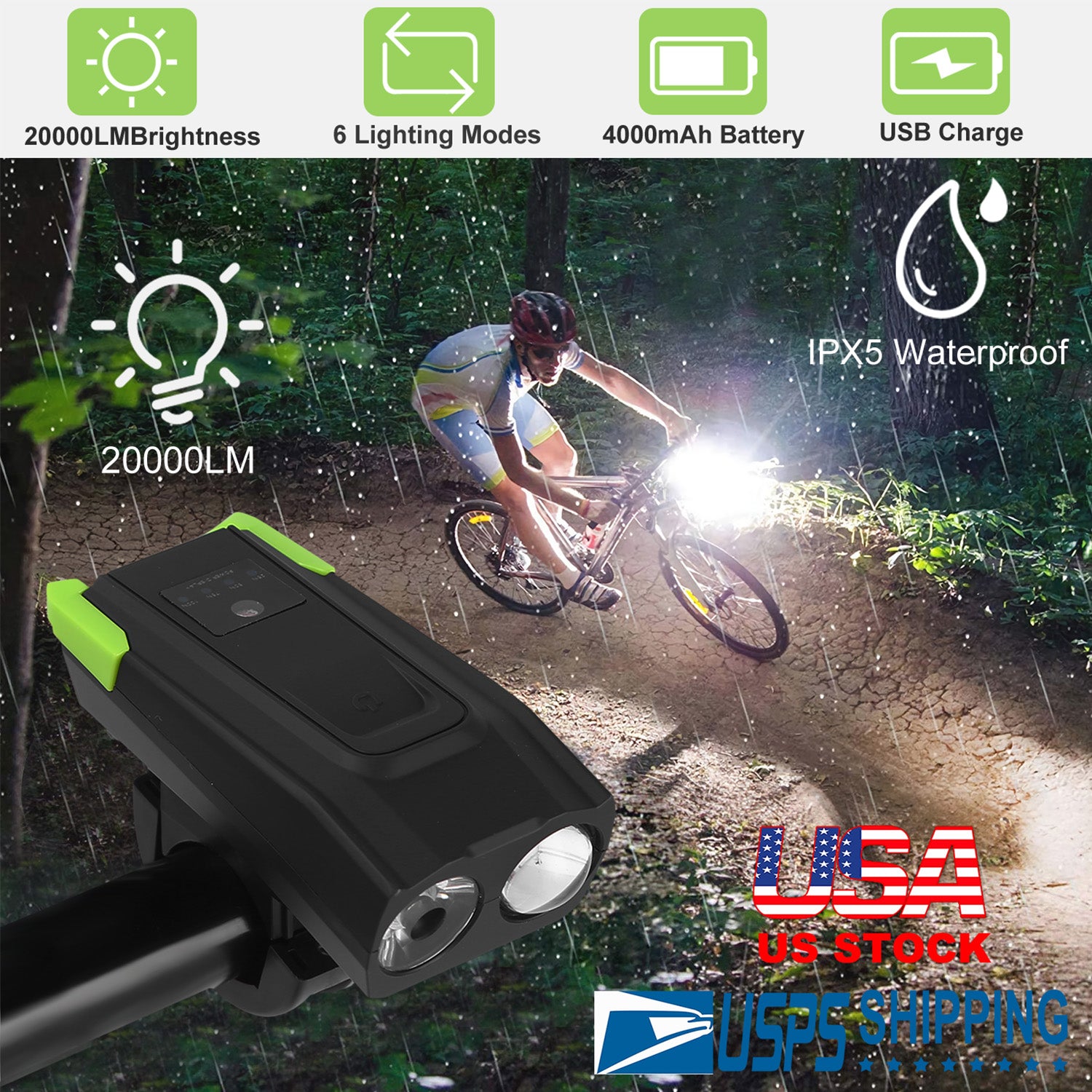 20000LM Bike Front Lights Set Bicycle Headlights w/120dB Loud Horn IPX5 Water-Resistant 4000mAh USB Rechargeable for Night Riding