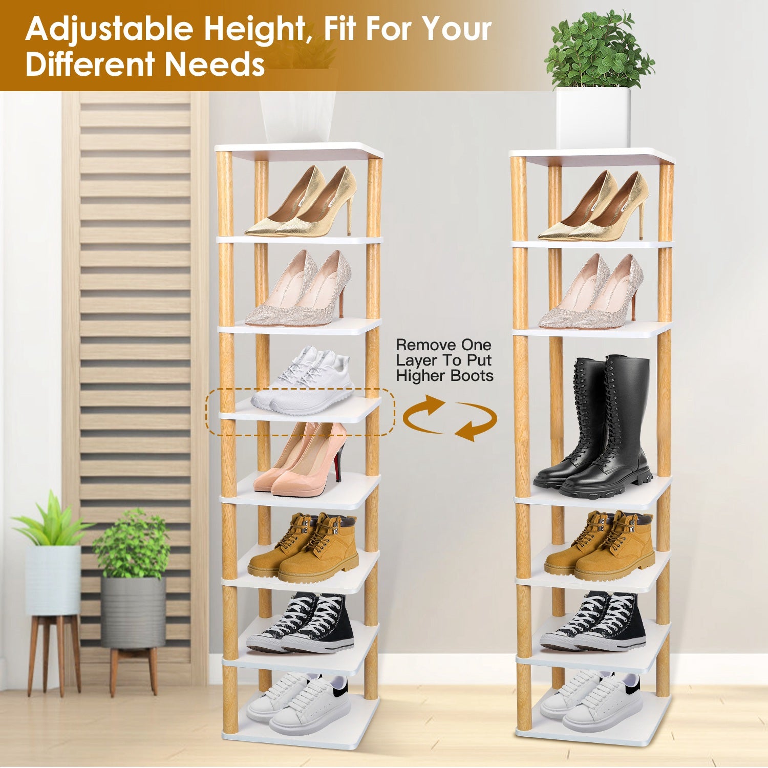 8 Tier Entryway Wooden Shoe Rack Vertical Shoe Shelf Stand Storage Organizer Small Space Saving Corner Shoe Tower Entryway Hallway Closet