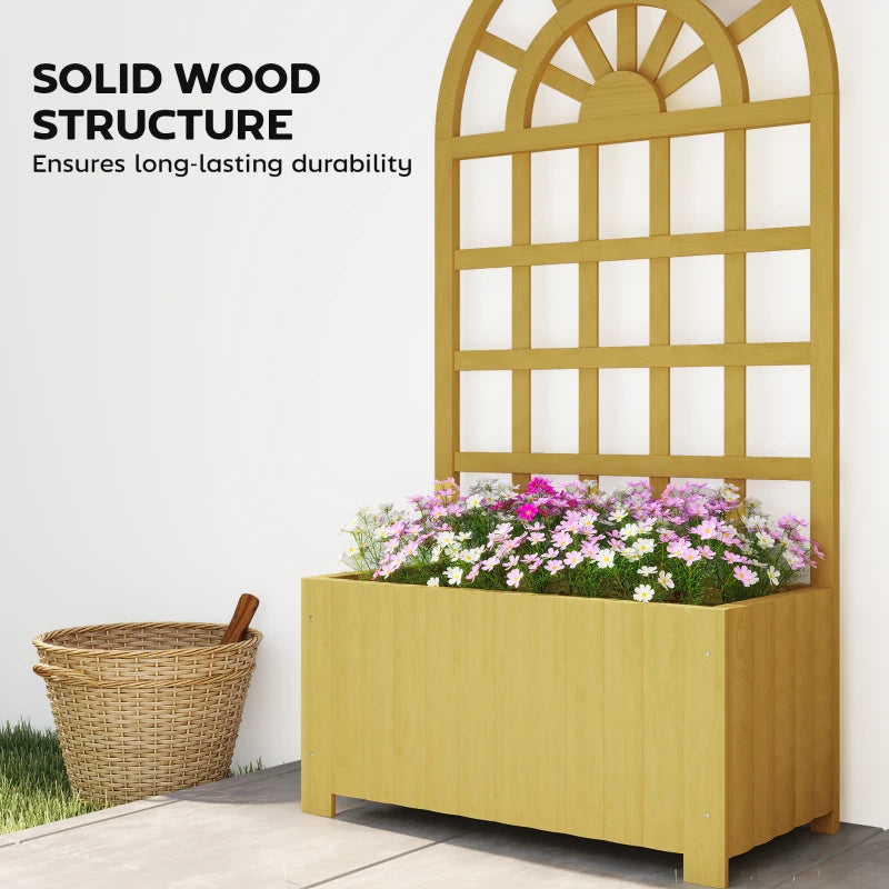 Wooden Raised Garden Bed with Lattice Trellis, Outdoor Elevated Planter Box with Drainage Holes for Climbing Plants