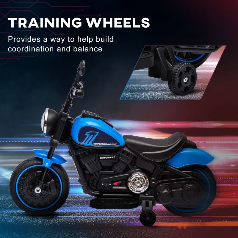 Aosom 6V Kids Motorcycle with Training Wheels, Foot Pedal, Headlight, Music, Forward/Reverse, Single-Button Start, Blue