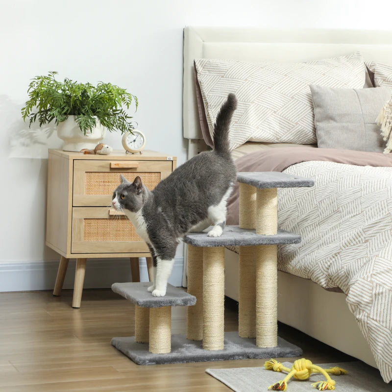 Cat Stairs with 2 Sisal Scratching Post for High Bed Couch, Adjustable 3-Tier Pet Stairs, White & Grey