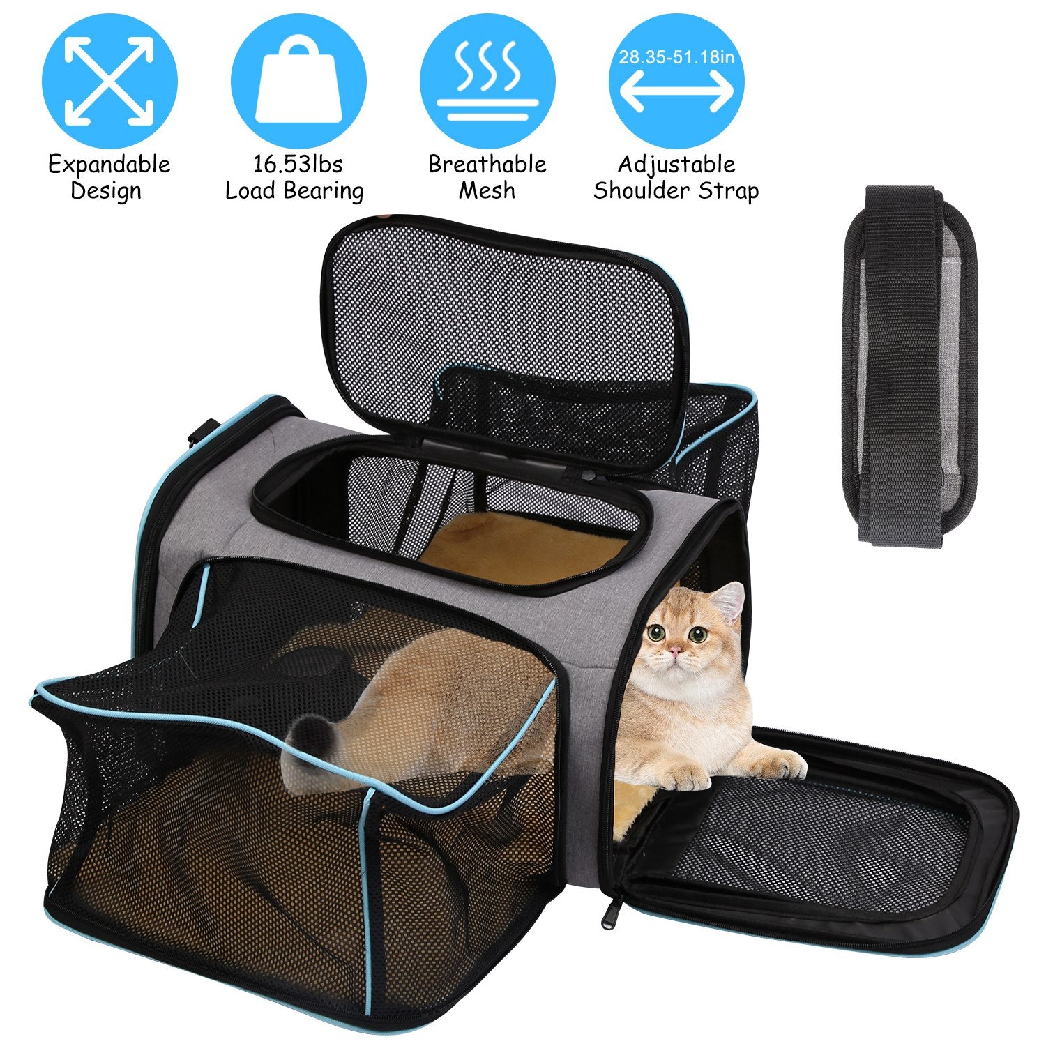 Expandable Pet Carrier Airline Approved Cat Dog Carrier Cat Collapsible Soft Carrier Bag with Removable Fleece Pad Pockets Breathable Mesh Adjustable