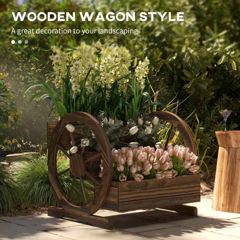 Wooden Wagon Planter Box, 3-Tier Raised Garden Bed, for Vegetables Flowers Herbs, 24" x 24" x 22", Carbonized