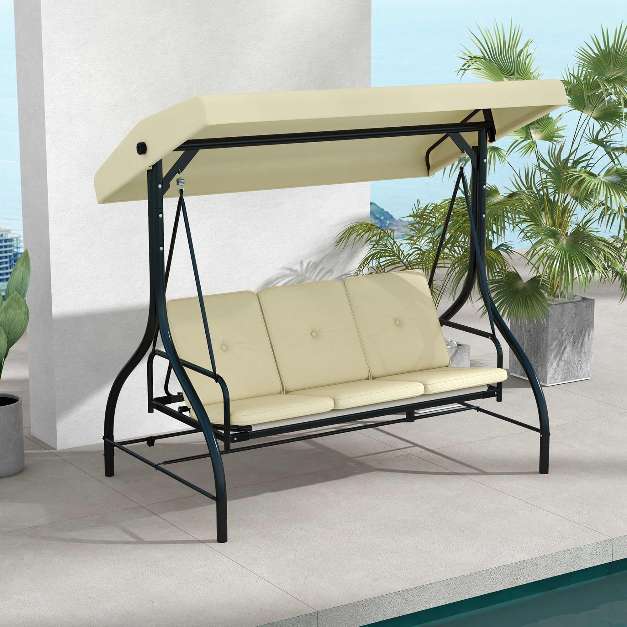 Outsunny Convertible Patio Swing Bed with Canopy and Cushions, 3 Seater Porch Swing for Outdoor, Backyard, Garden, Beige