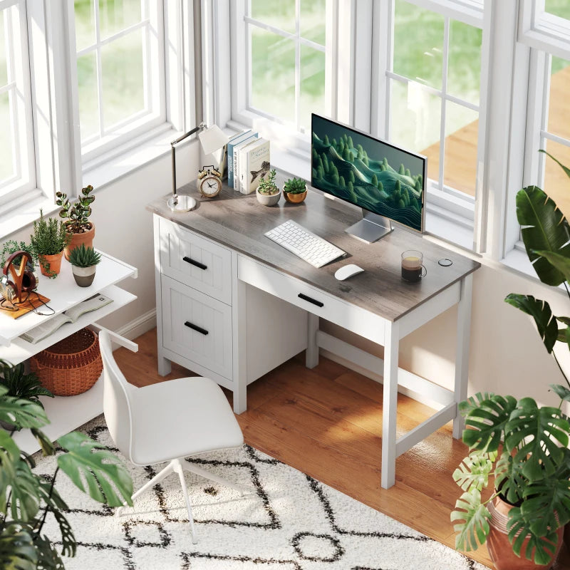 Computer Desk with 3 Drawers, Farmhouse Home Office Desk with File Drawer and Wood Grain Top for Small Spaces, White