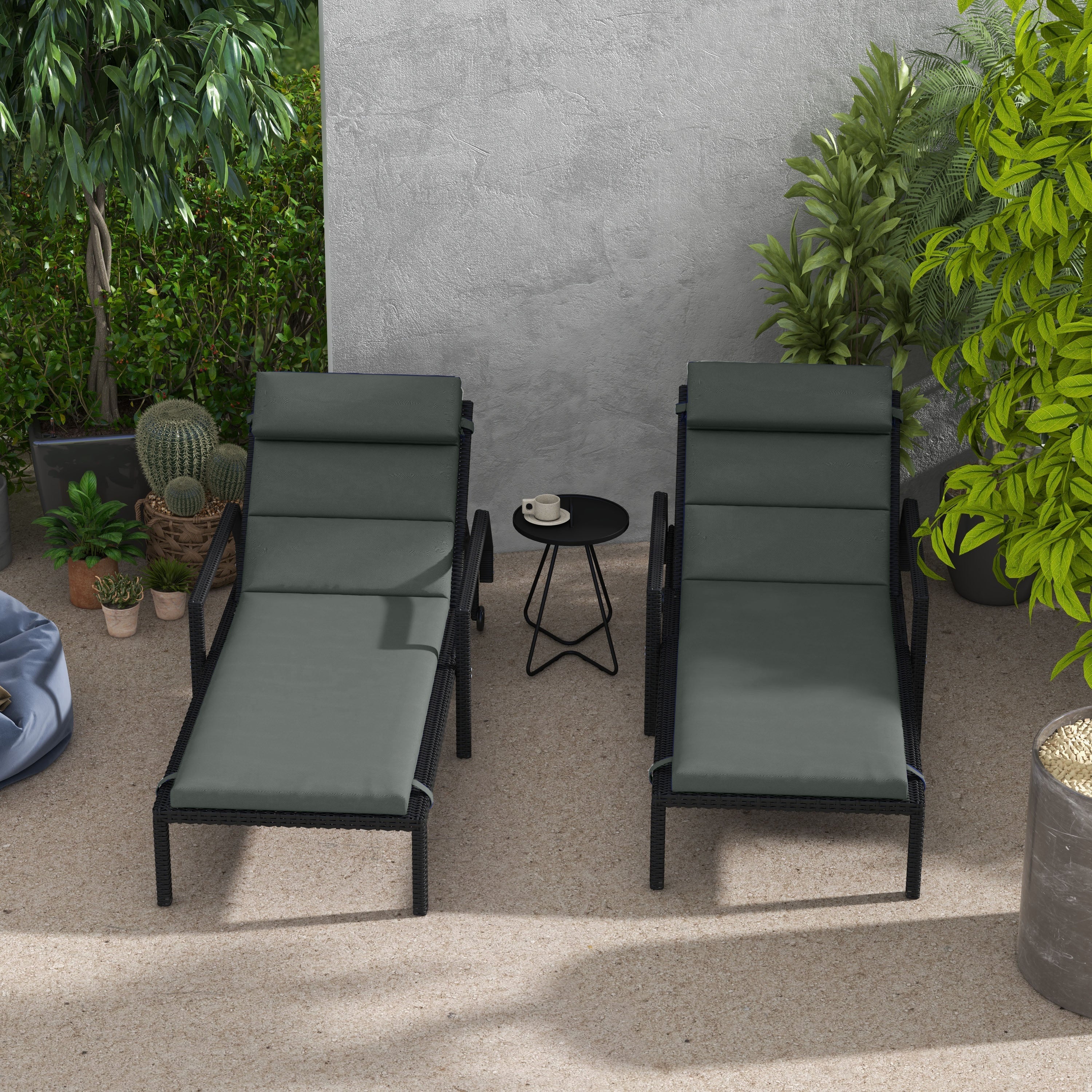 Outsunny Patio Chaise Lounge Chair Cushions Replacement Sun Lounger Pads with Headrest and Ties, Set of 2, Grey