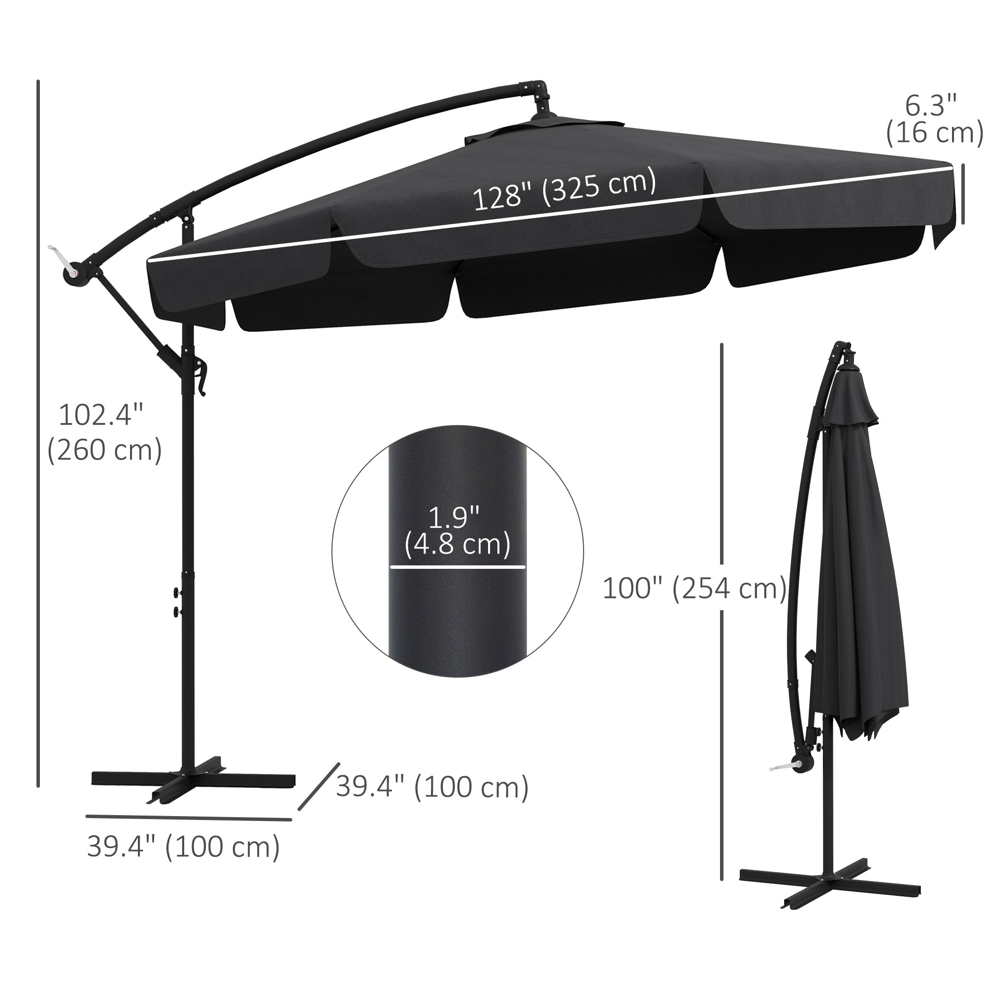 Outsunny 11ft Cantilever Patio Umbrella Offset Parasol 8 Ribs Cross Base for Outdoor Garden Black