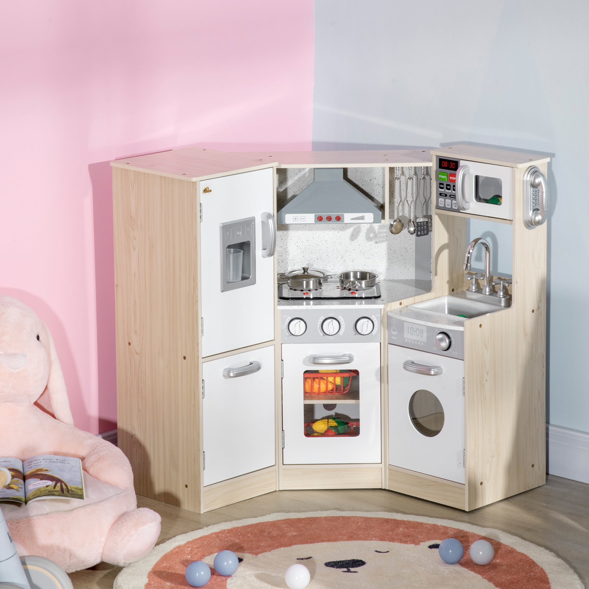 Qaba Deluxe Wooden Kitchen Playset for Kids - Interactive Corner Design with Lights, Sounds, Play Phone, Ice Maker, and More