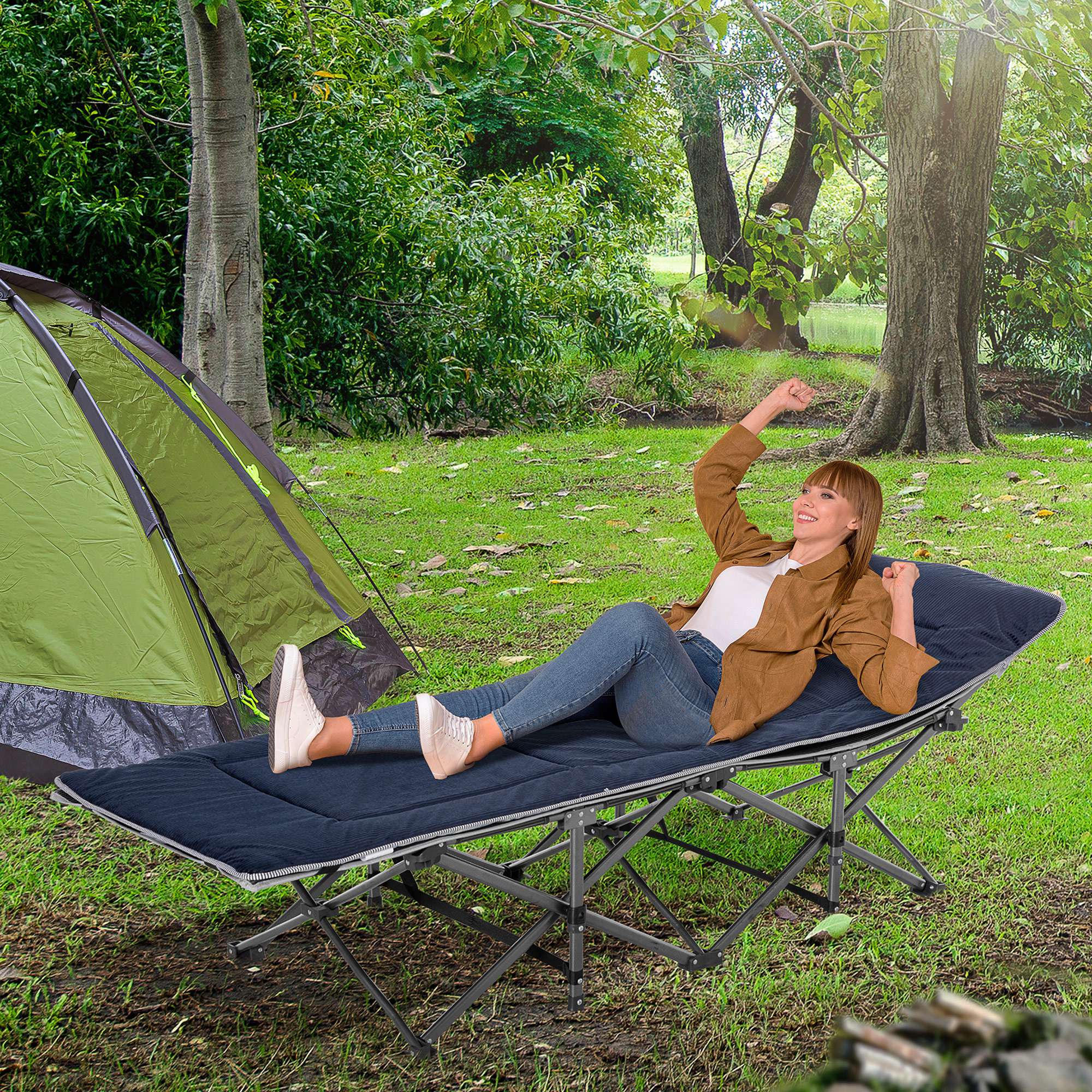Outsunny Folding Camping Cot with Mattress Pillow Double Layer Oxford Heavy Duty Sleeping Cot Carry Bag Grey Blue