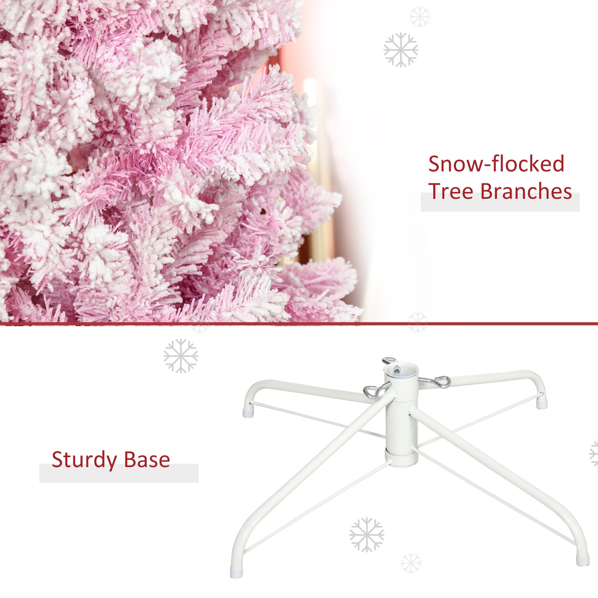 HOMCOM 7.5 Foot Snow Flocked Artificial Christmas Tree Pencil Xmas Tree with 800 Realistic Branches, Auto Open and Steel Base, Pink