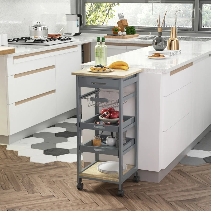 Rolling Kitchen Island Cart, Mobile Utility Storage Cart with Drawer, Wire Storage Basket, Removable Tray, Grey