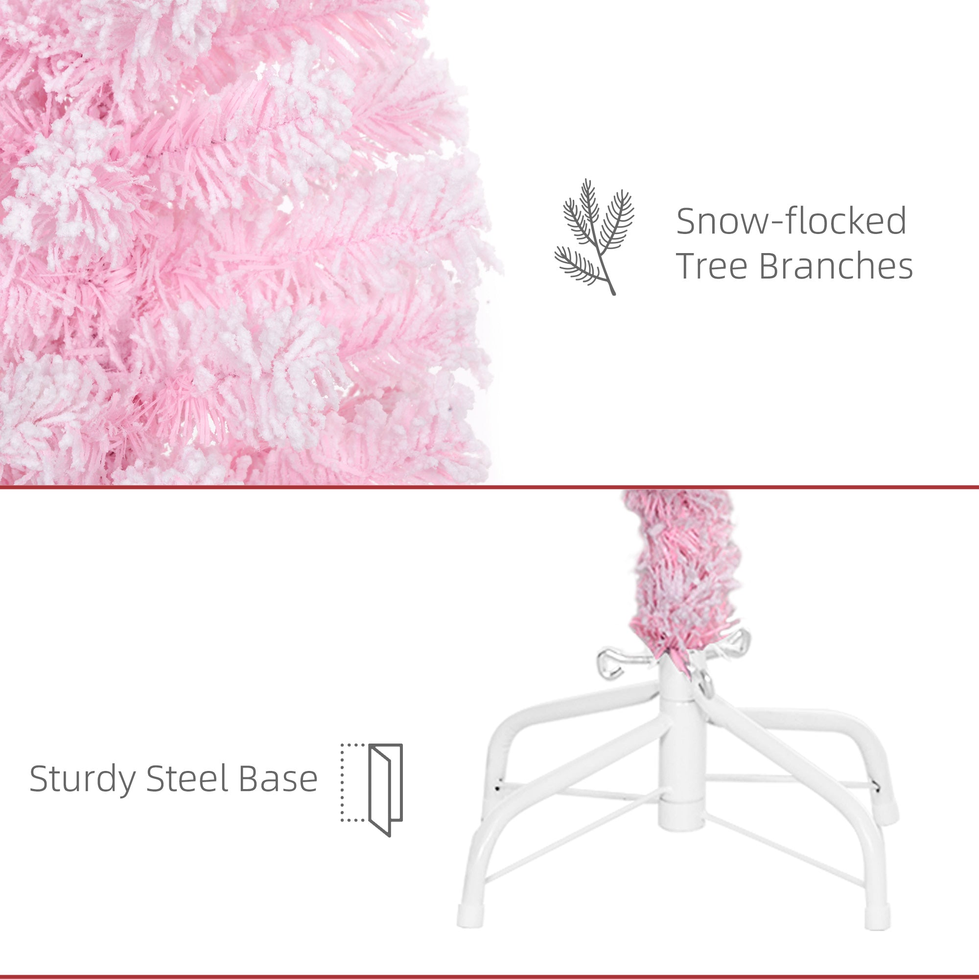 HOMCOM 4 ft Flocked Pencil Christmas Tree, Artificial Christmas Tree with Realistic Branches, Auto Open and Steel Base, Pink