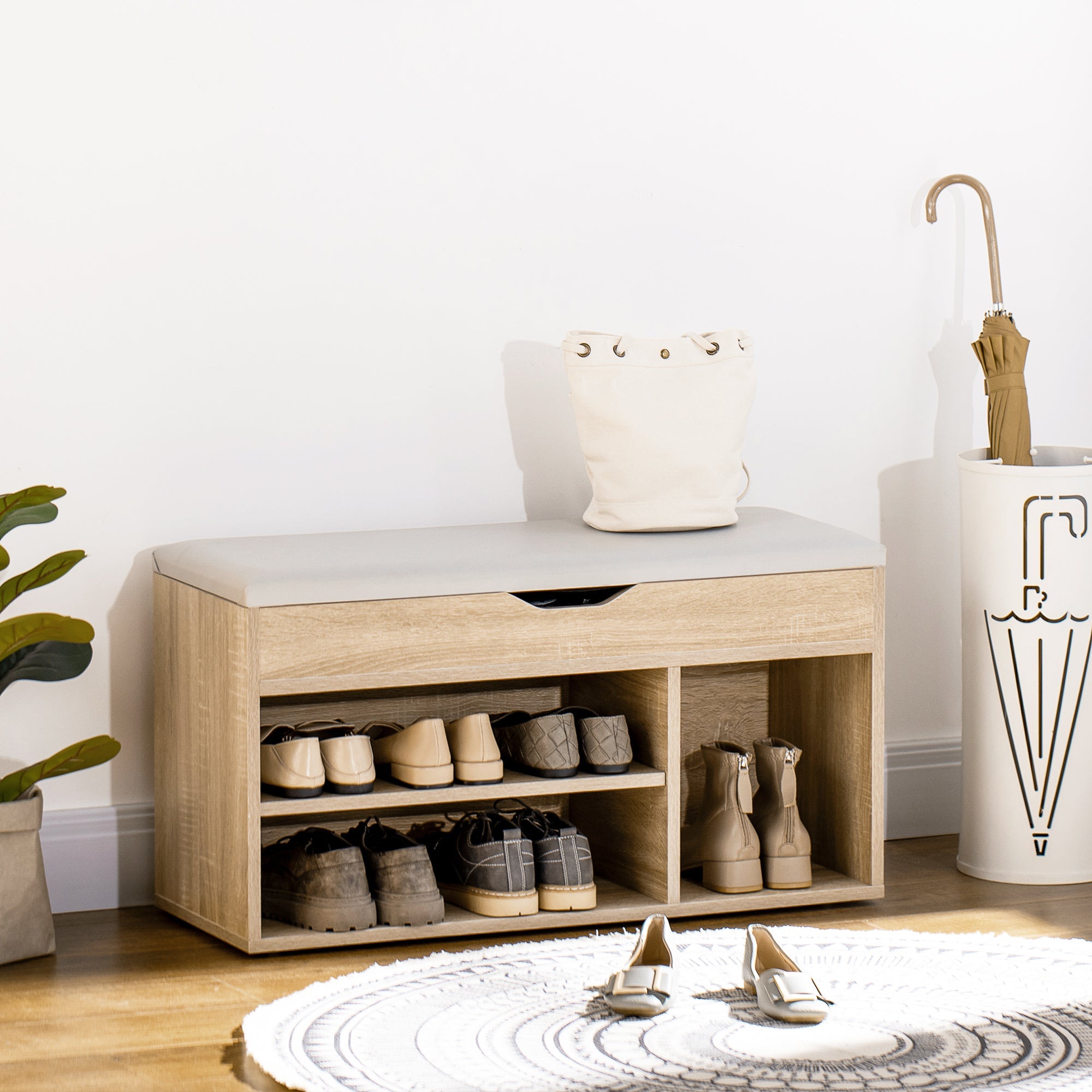 HOMCOM Grey 2-Tier Shoe Locker Bench: Cushioned Seating & Storage Rack for Entryway or Living Room