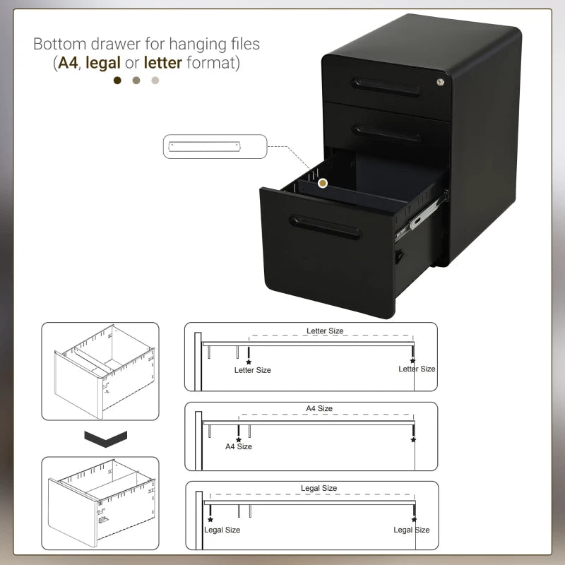 Lockable File Cabinet, Steel Filing Cabinet on Wheels for Legal, A4, Letter Size, Home Office