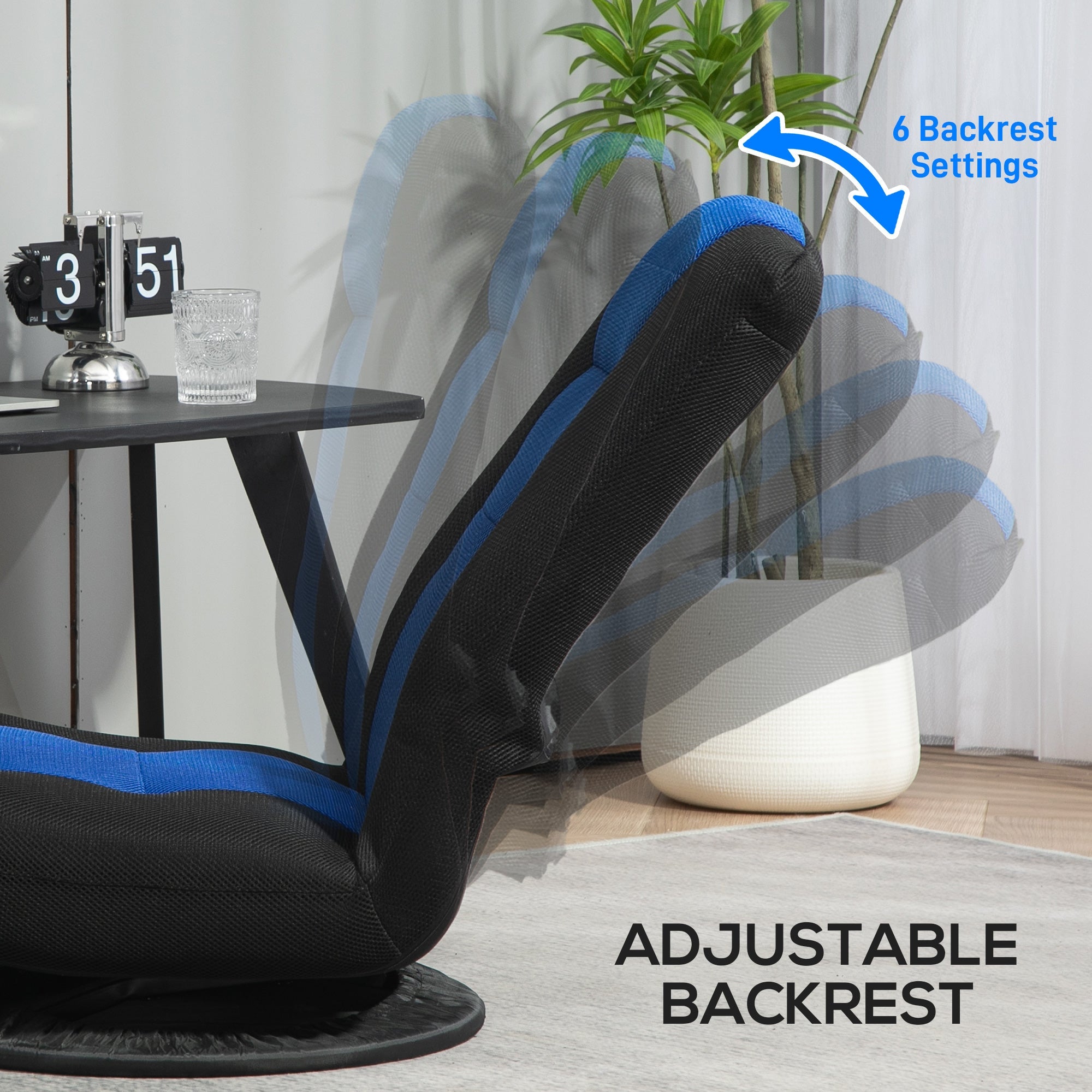 HOMCOM Folding Floor Chair for Adults Teens, 360 Degree Swivel Gaming Chair, 6 Positions Adjustable Lazy Sofa, Blue