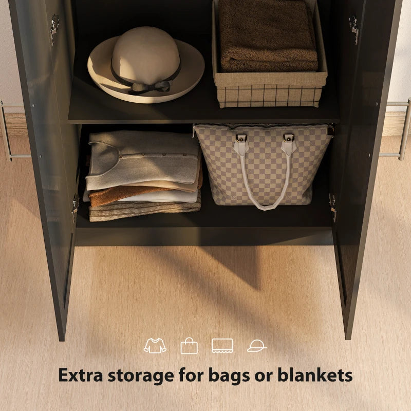 Wardrobe Cabinet with 2 Barn Doors and Hanging Rod, Farmhouse Armoire Wardrobe Closet for Bedroom, Black Wood Effect