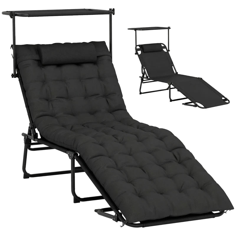 Folding Lounge Chair with Adjustable Canopy, 4-Position Outdoor Tanning Chair with Headrest, Black