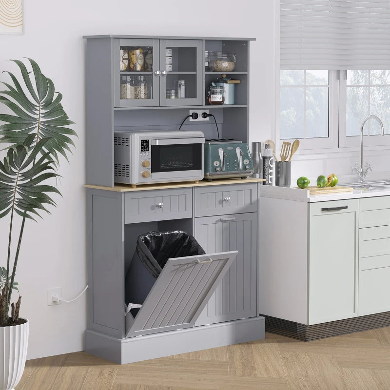 Kitchen Cabinet with Charging Station, 2 Tilt Out Cabinets, Microwave Stand, Freestanding Kitchen Pantry Cabinet, Grey