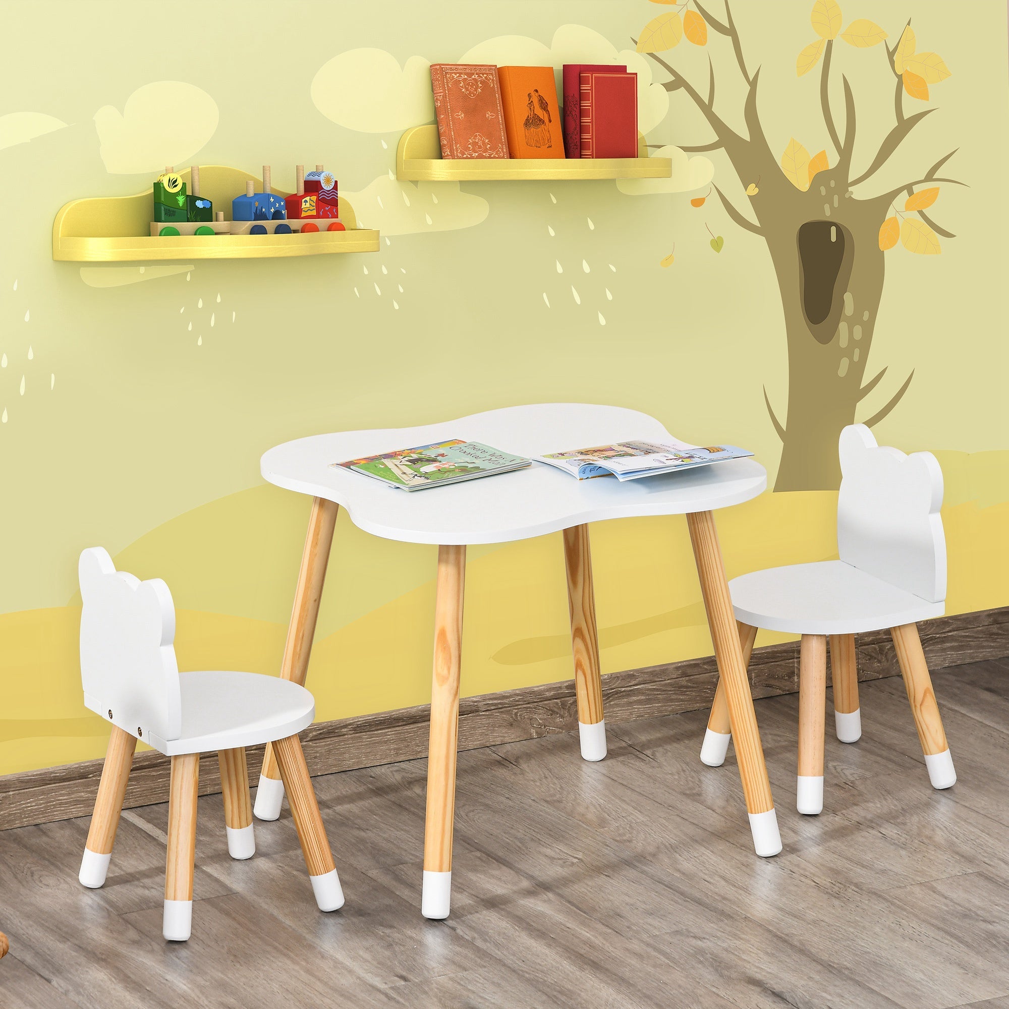 Qaba Wooden Kids Table & Chair Set: Cute Bear Design, Rounded Edges for Toddler Dining/Play in White