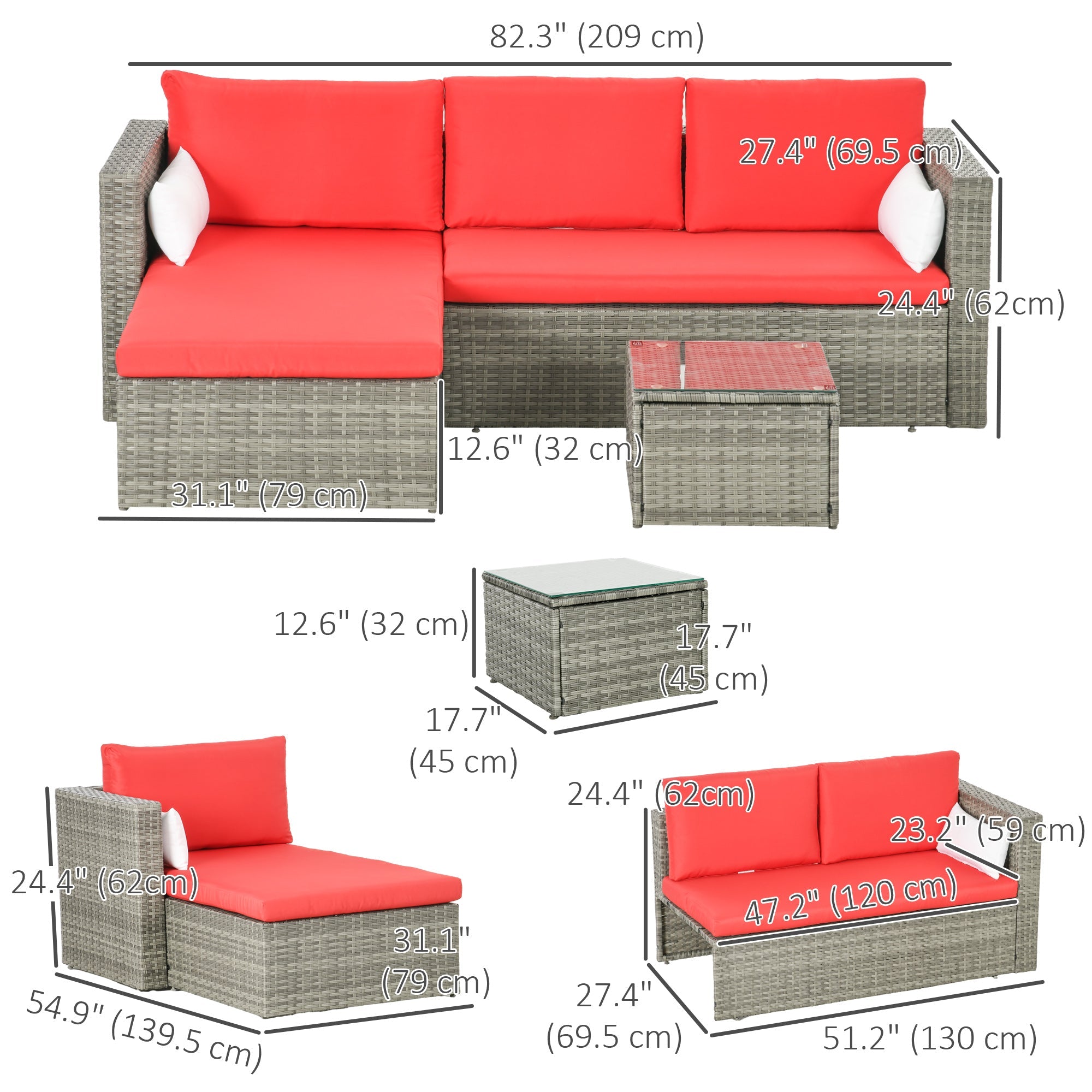 Outsunny 3pc Modern Rattan Sofa Set Wicker Patio Furniture Coffee Table Cushions Pillows