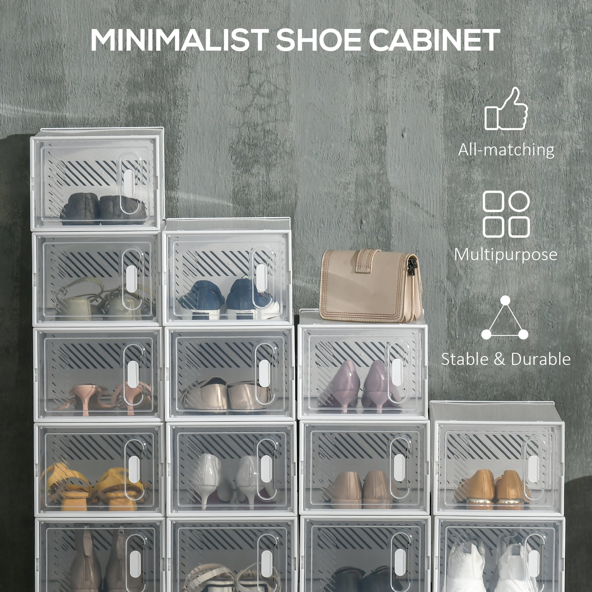 HOMCOM 18-Cube Stackable Shoe Storage Organizer Modular Shoe Cabinet for Entryway Clear and White