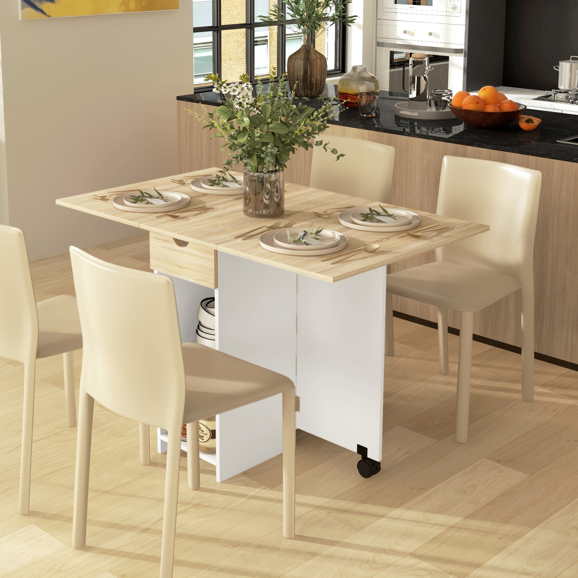 HOMCOM Space Saving Folding Dining Table Set with Storage Oak Drop Leaf Kitchen Table with Drawer Shelves for Small Areas