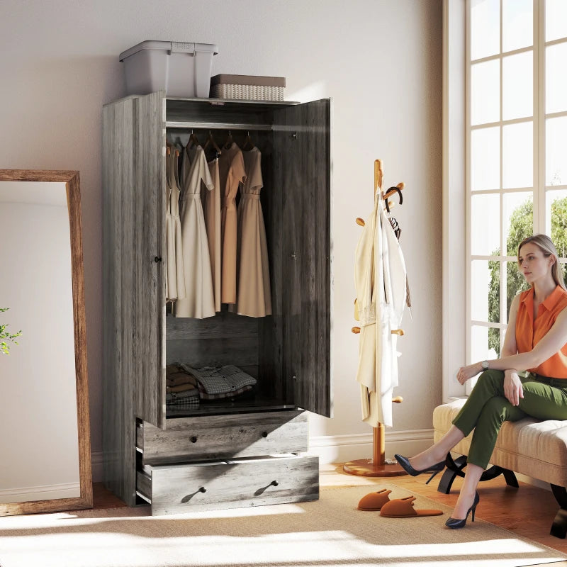Modern Wardrobe Closet Armoire with 2 Drawers and Hanging Rod, Clothes Storage Organizer for Bedroom, Grey