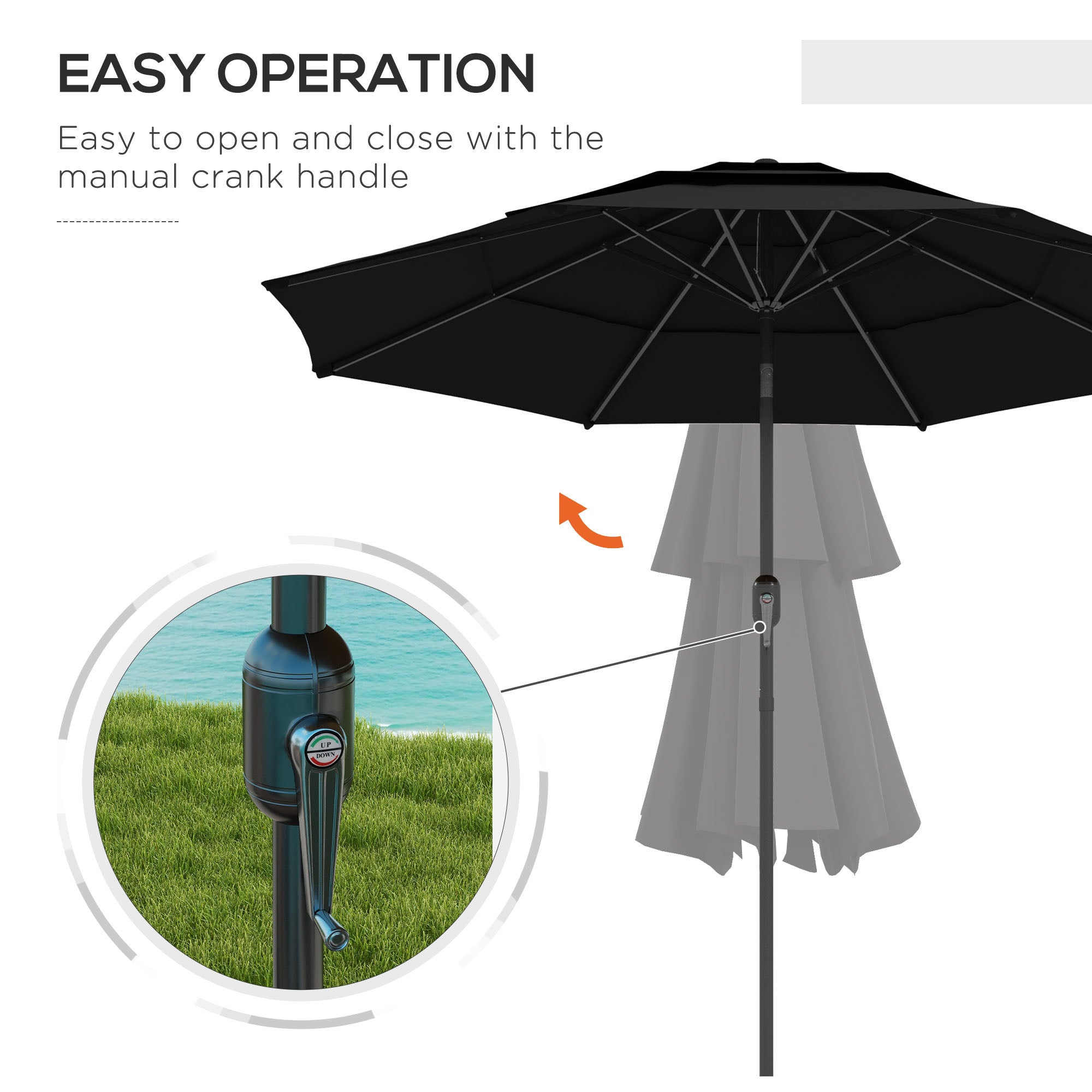 Outsunny 9FT Black Patio Umbrella 3 Tiers with Crank, Push Button Tilt for Outdoor Comfort on Deck, Backyard & Lawn - Find Shade