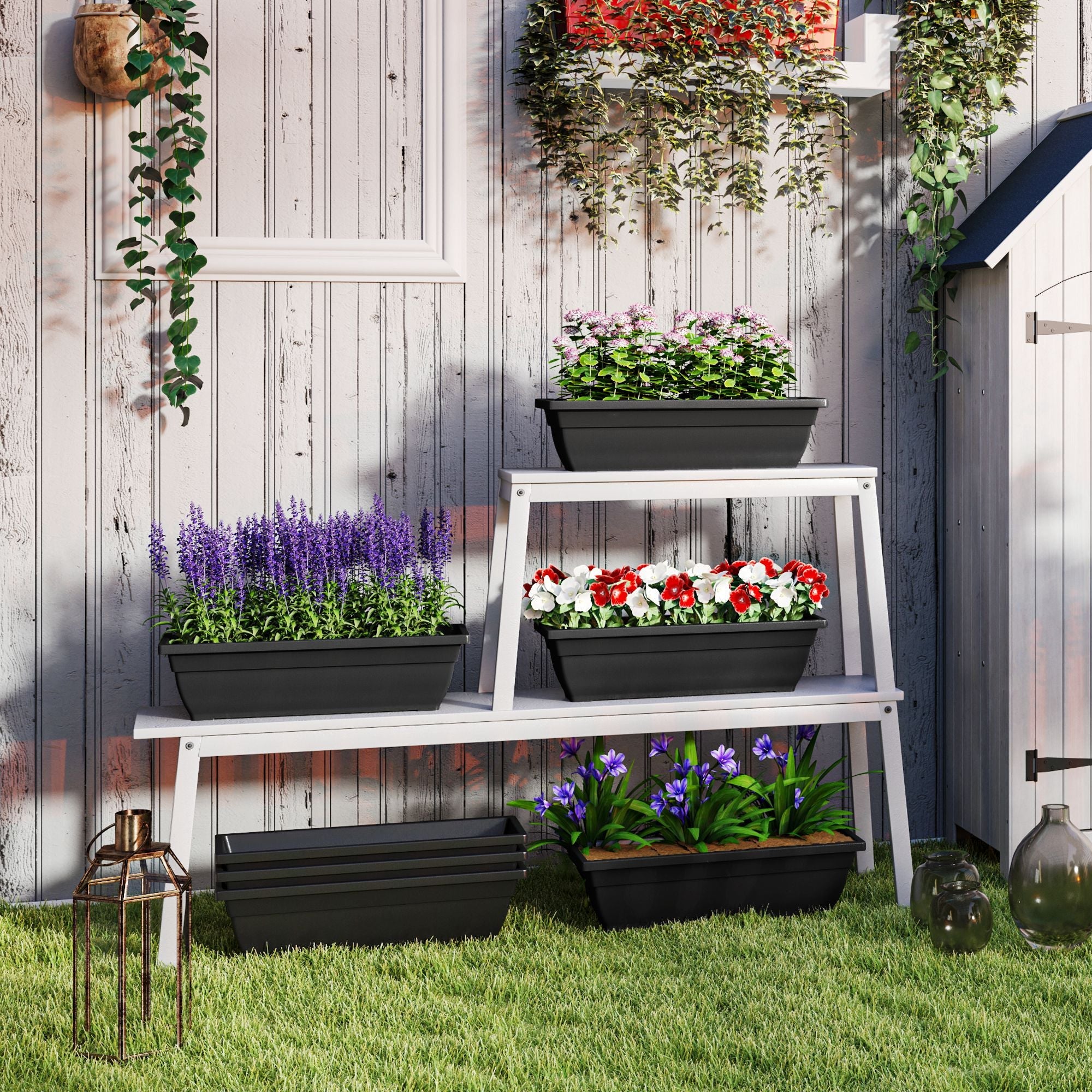 Outsunny Long Rectangular Flower Plant Pots, 7 Pack 23 Inches Window Boxes Planters for Windowsill, Garden, Black