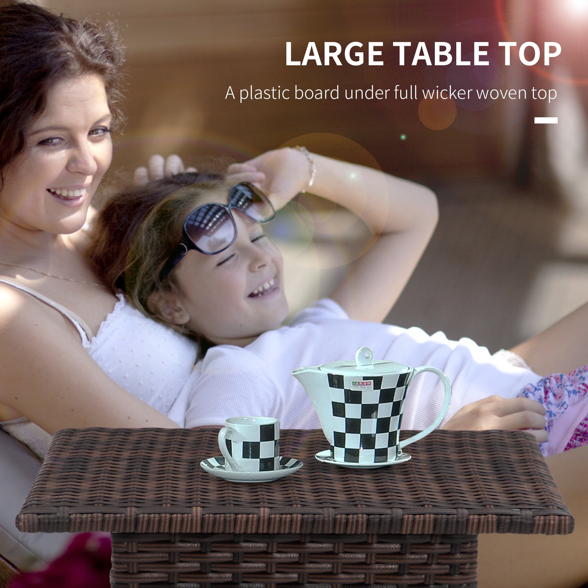 Outsunny Rattan End Table, Outdoor Coffee Table, with Plastic Board Under the Full Woven Table Top, Mixed Brown
