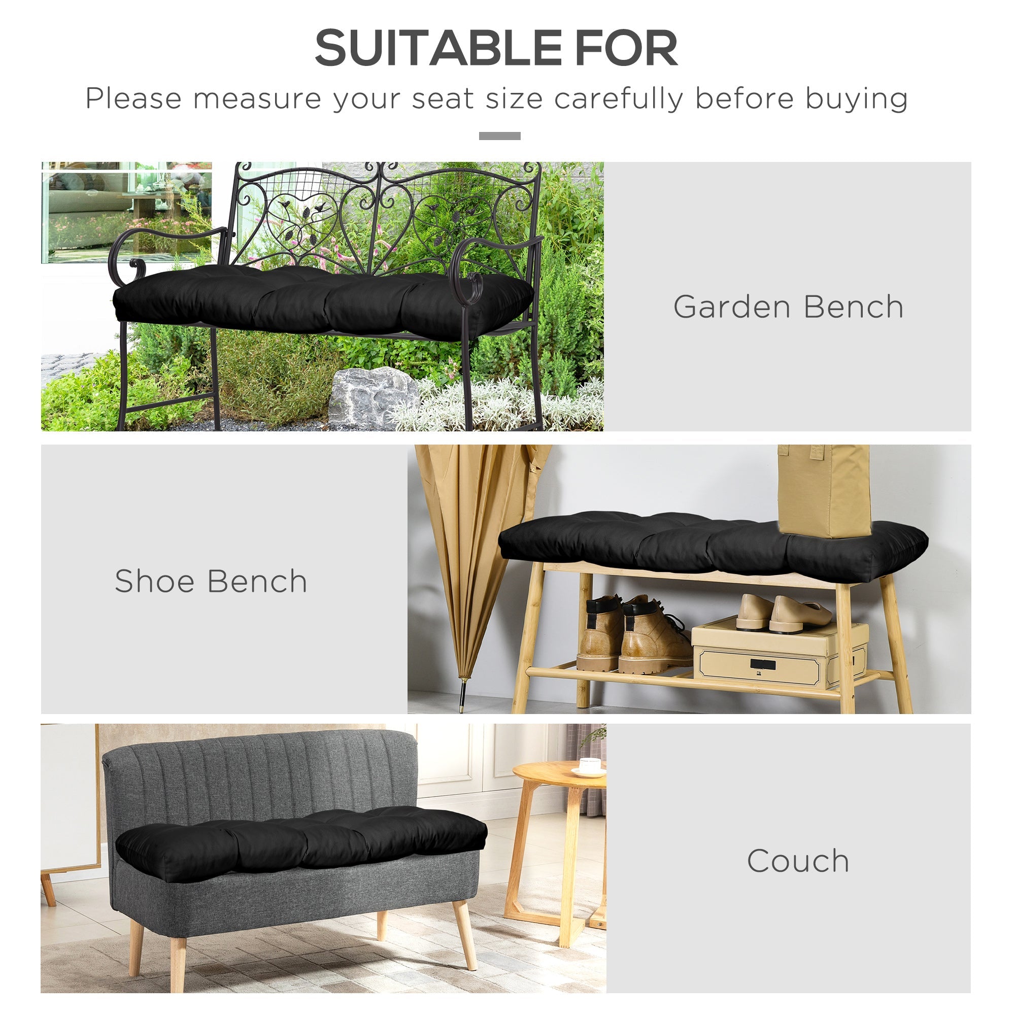 Outsunny 2-Piece Patio Bench Cushion Set Replacement Outdoor Loveseat Seat Pad Black 43" x 19" x 3"
