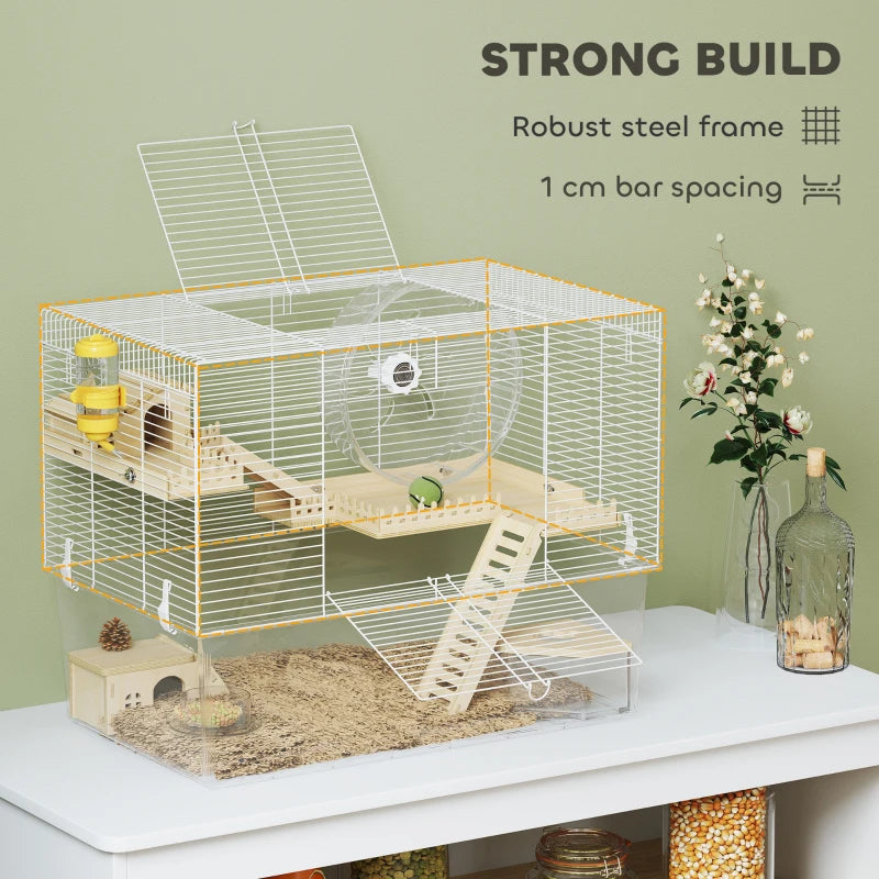Hamster Cage with Deep Bottom, Wooden Ramp, Hut, Bathroom and Exercise Wheel for Hamster and Gerbil, White