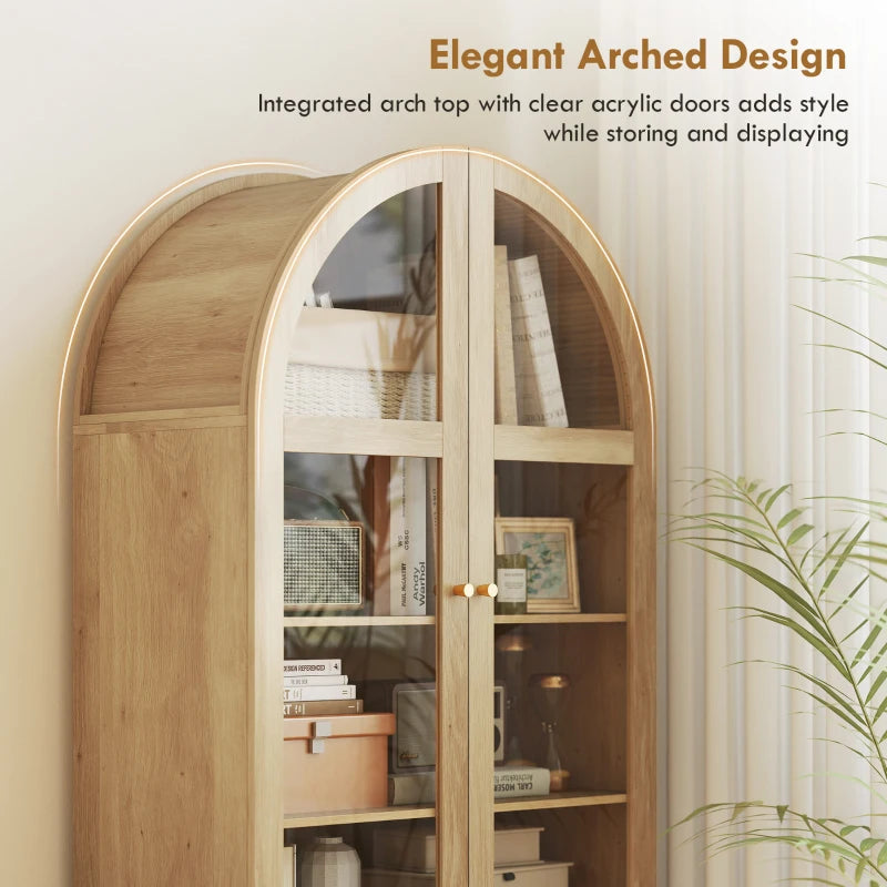 Arched Kitchen Pantry Cabinet, 71" Tall Farmhouse Kitchen Storage Cabinet with Acrylic Glass Doors, Oak