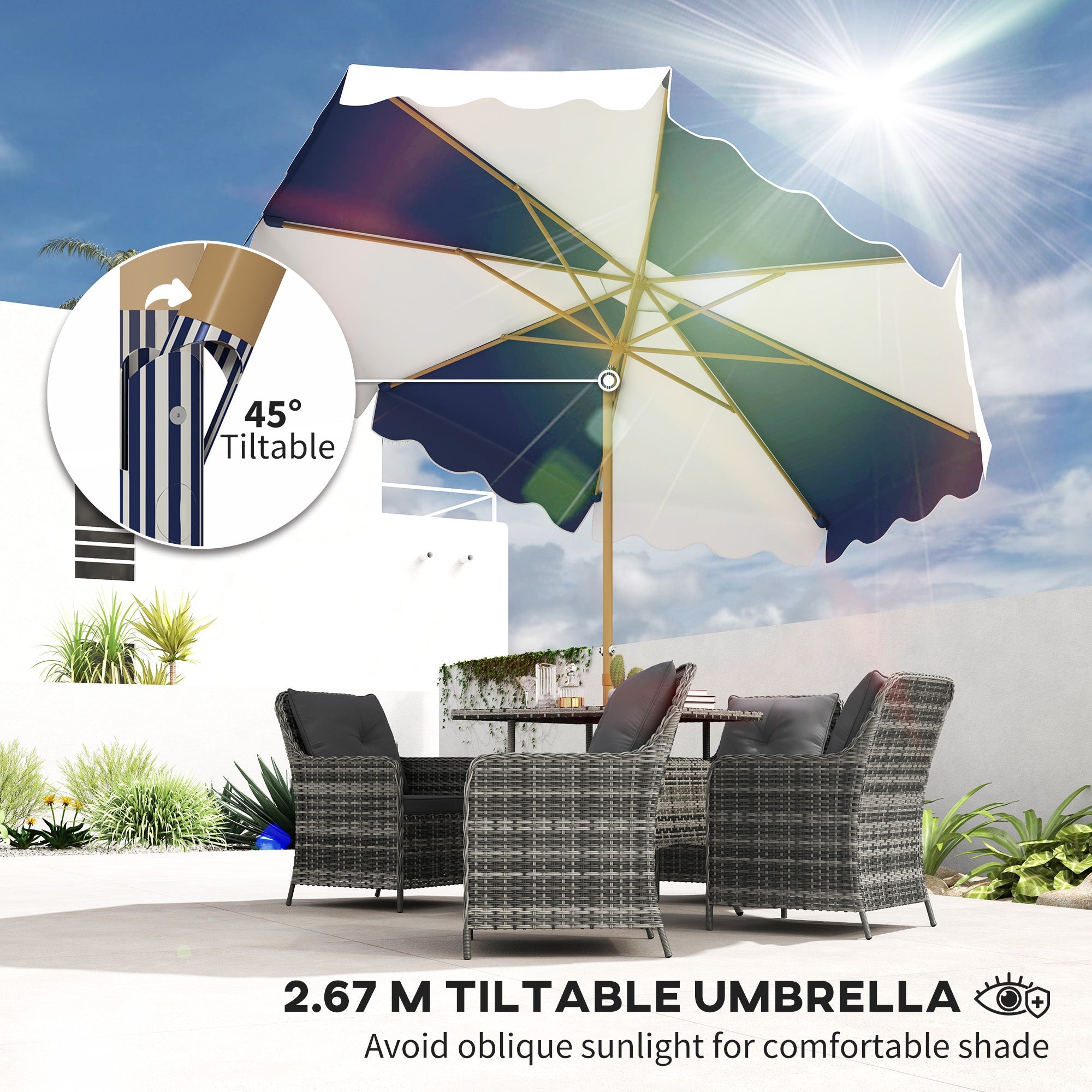 Outsunny 9FT Patio Umbrella with 8 Ribs, Crank & Tilt, UPF 50+ for Garden, Deck, Poolside, Mixed Colour
